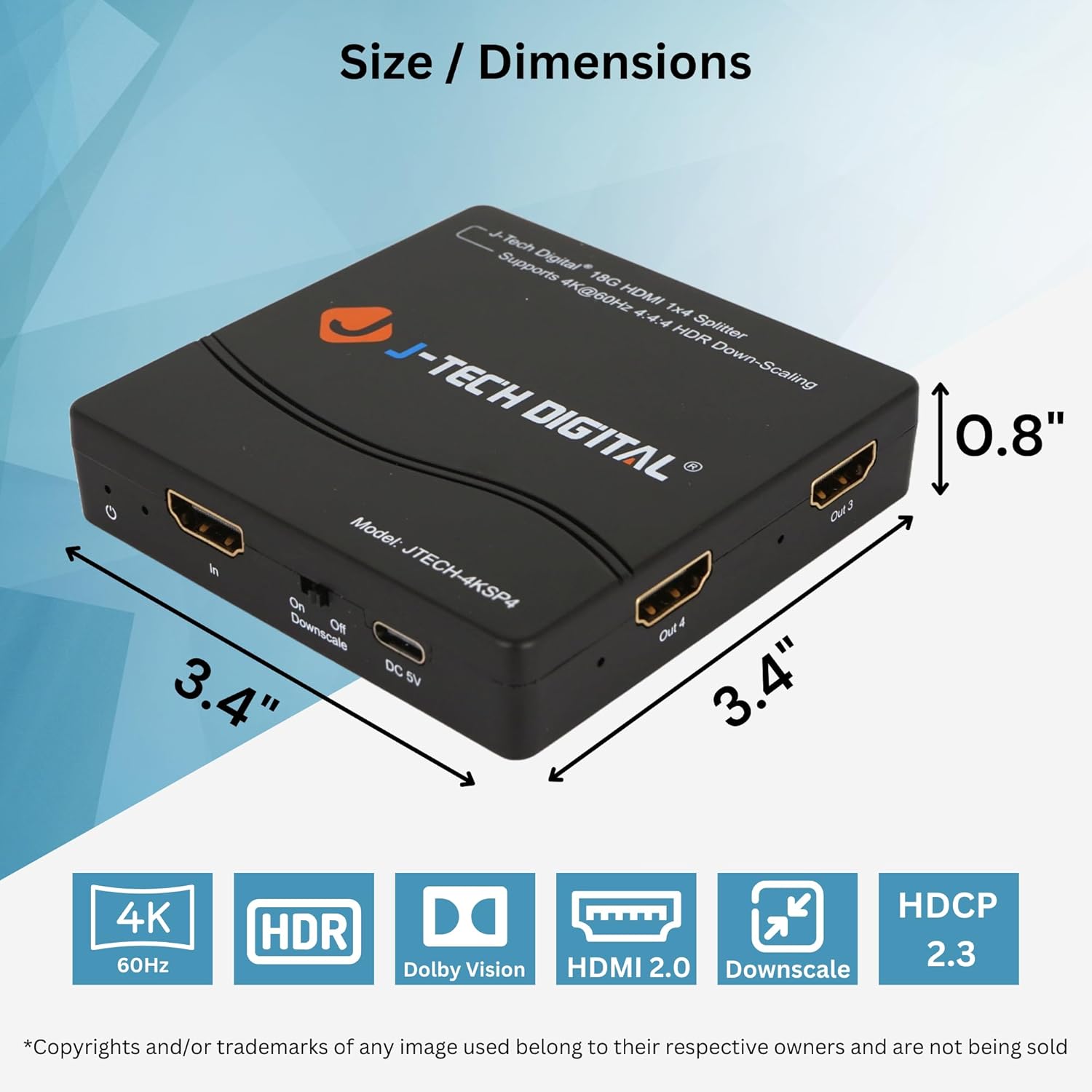 J-Tech Digital HDMI Splitter 4K 60Hz 1X4 Multi-Resolution Output (MRO) HDMI 2.0 Splitter Supports downscale HDR HDR10 / Dolby Vision 4K@60Hz 4:4:4 HDCP2.3 2.2 (JTECH-4KSP4)