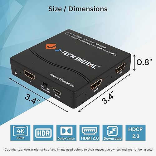 Miniatura 7 de J-Tech Digital Divisor HDMI 4K 60Hz 1X4 Salida de Resolución Múltiple (MRO) Divisor HDMI 2.0 Soporta reducción HDR HDR10 / Visión Dolby 4K@60Hz