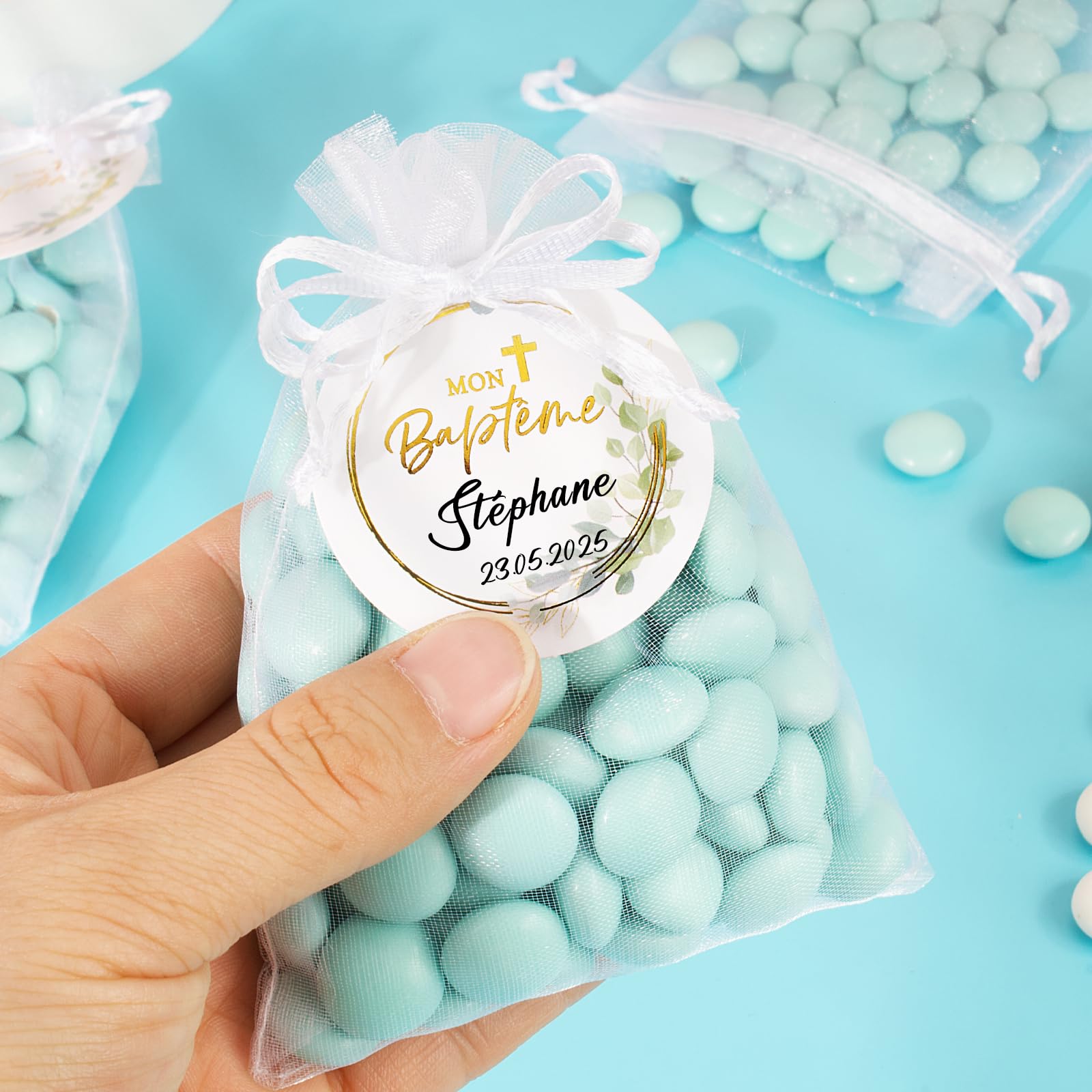 50 Sachets Organza + 50 Pendentifs Pied Landau - Kit Cadeau Baptême Mariage - Avec Ruban Et Petits Sacs