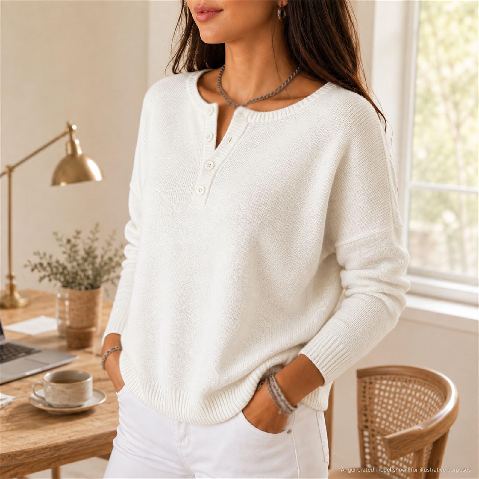 Damski sweter Henley z długim rękawem okrągły dekolt luźny krój dzianinowy | Henley zapinana na guziki długi rękaw luźny sweter z dzianiny na co dzień jesienne stroje do pracy i weekendu