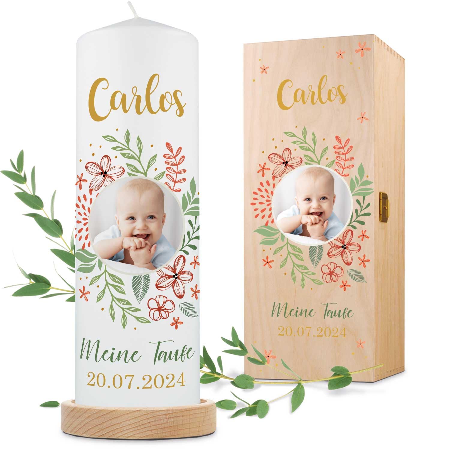 GRAVURZEILE Bedruckte Kerze - Baby Fotokerze zur Taufe - Christliche Taufkerze mit eigenem Foto - Personalisiert mit Namen, Datum & Bild - Hochwertige Stumpenkerze Weiß 250/80 mm