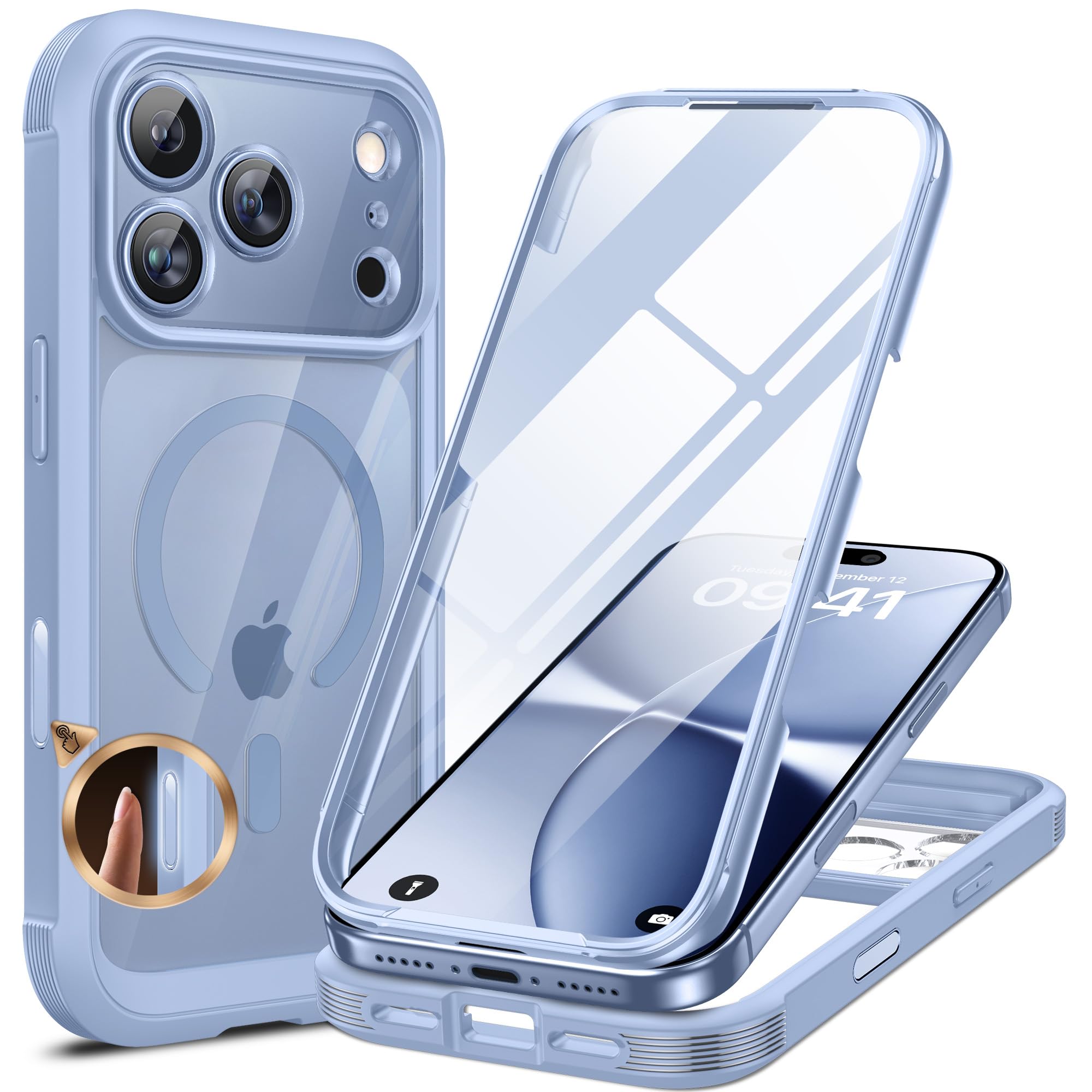 Miracase for iPhone 18 Pro Max Case Full Body Phone Protection-Glacier Blue | Built-in Screen & Camera Protector | Magnetic with MagSafe | Military DropProof 18 ProMax Bumper with Camera Control