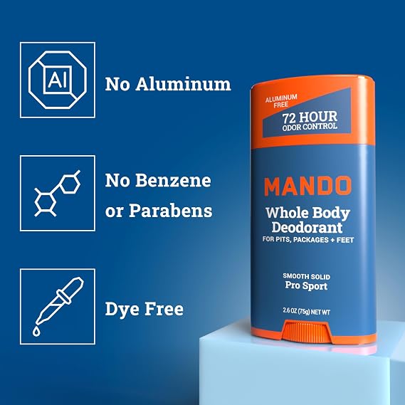 Mando Whole Body Deodorant 3 Piece System - 2.6 oz Smooth Solid Stick, 5.0 oz 4in1 Acidified Cleansing Bar, 15 ct Deodorant Wipes - Aluminum & Baking Soda Free Odor Control - 3 pc Bundle (Pro Sport)
