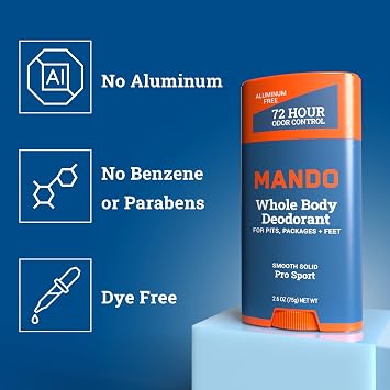 Mando Whole Body Deodorant 3 Piece System - 2.6 oz Smooth Solid Stick, 5.0 oz 4in1 Acidified Cleansing Bar, 15 ct Deodorant Wipes - Aluminum & Baking Soda Free Odor Control - 3 pc Bundle (Pro Sport)