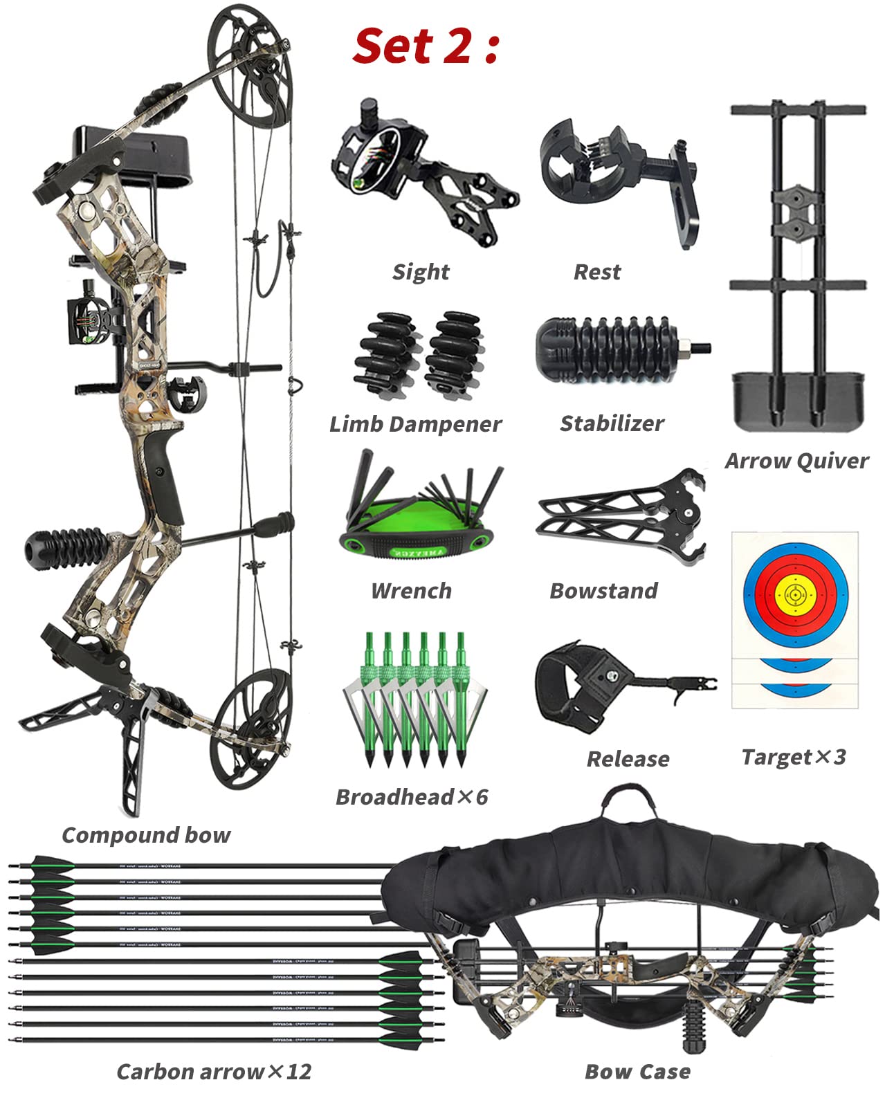 Set Arco Compound Archi 30-70lbs regolabile Tiro con l'arco Arco da tiro Arco da caccia Arco da tiro Kit Archi Compound per Adulti Principianti Professionale per Destrorso (Nero - Set 2)