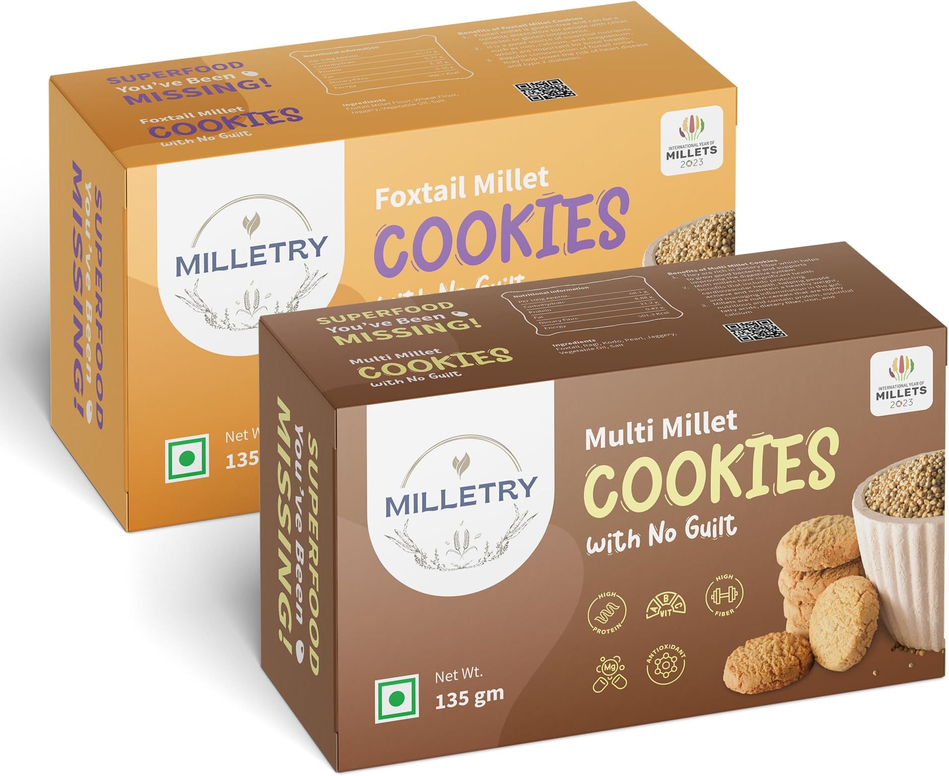 Milletry Multi millet and Foxtail Millet Cookies Combo | Foxtail, Pearl, Ragi, Kodo & Jaggery | High Fiber, High Protein, No Maida, Gluten-Free | Pack of 2 x 135gm