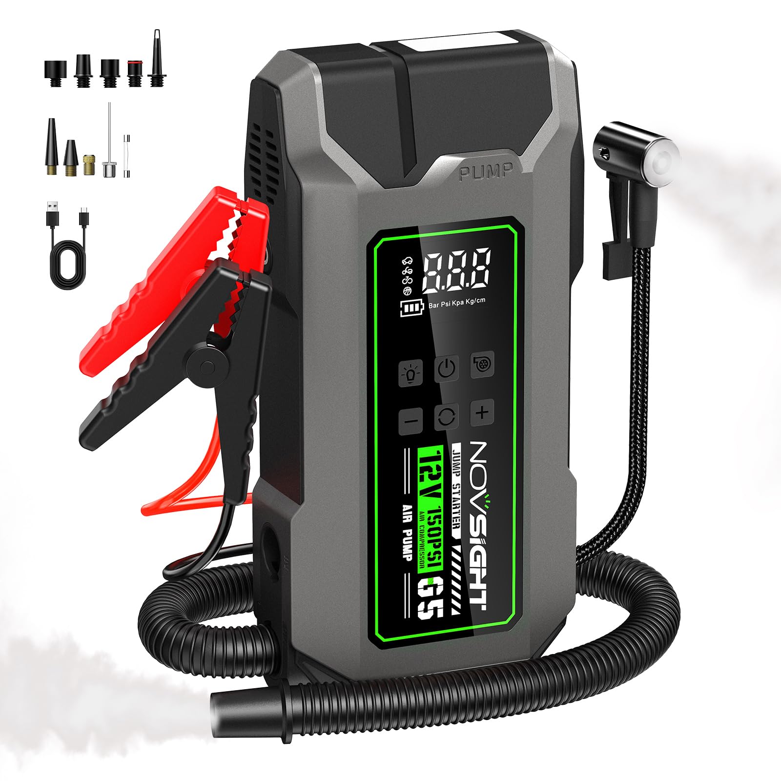 NOVSIGHT Arrancador de BaterÃa de Coche 6000A, Compresor de Aire 150PSI, 23800mAh Arrancador de Coches para VehÃculo(Toda Gasolina o 10L Diésel), 12V Jump Starter con 500-Lumen LED