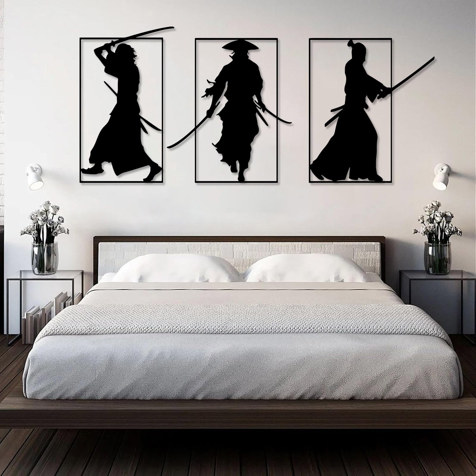 Arte de Pared de samurái Negro de Metal, Arte de Pared de Guerrero japonés Katana de Metal, decoración de Arte de samurái, Escultura Moderna para Sala de Estar, Dormitorio, Pasillo y escaler