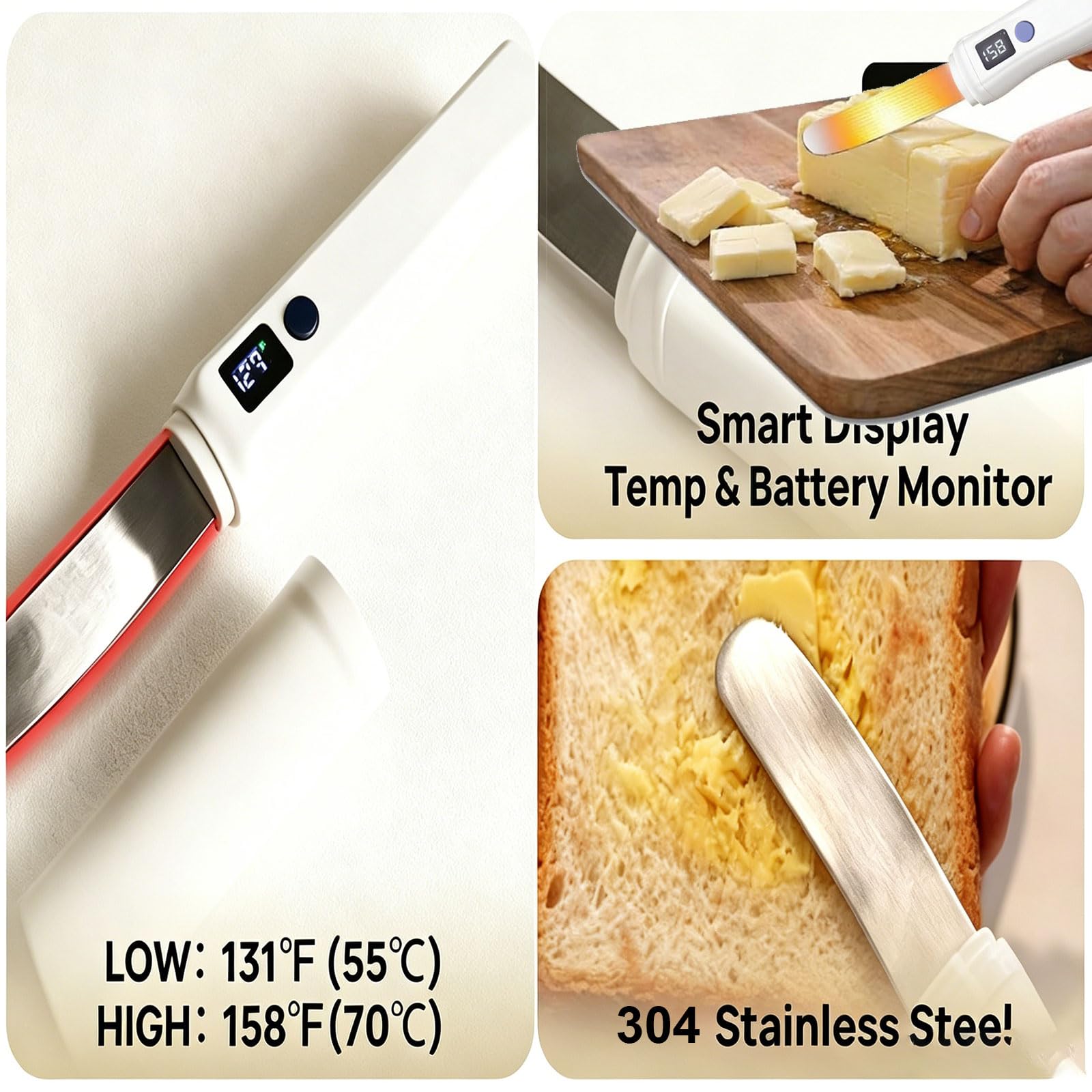Cuchillo de Mantequilla Calentado, Untador de Mantequilla Eléctrico con 2 Ajustes de Temperatura (131°F & 158°F) y Pantalla LED Digital, Untador de Mantequilla de Acero Inoxidable de Calentamiento