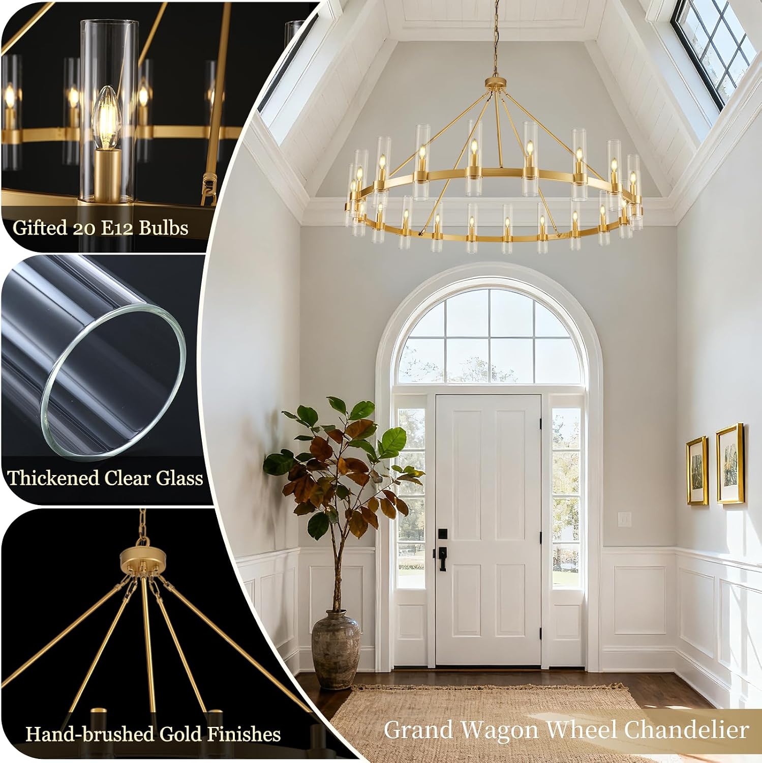 Gold Wagon Wheel Chandelier, 60 Inch Chandeliers with Glass Shade, 20 Light Chandelier for High Ceiling, Modern Farmhouse Chandeliers for Living Room, Dining Room, Entryway, Stairwell(Bulbs Included)
