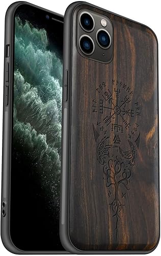 Miniatura 7 de Carveit Funda de madera para iPhone 11 madera real dura y TPU suave negro a prueba de golpes, funda protectora única y elegante de madera compatible