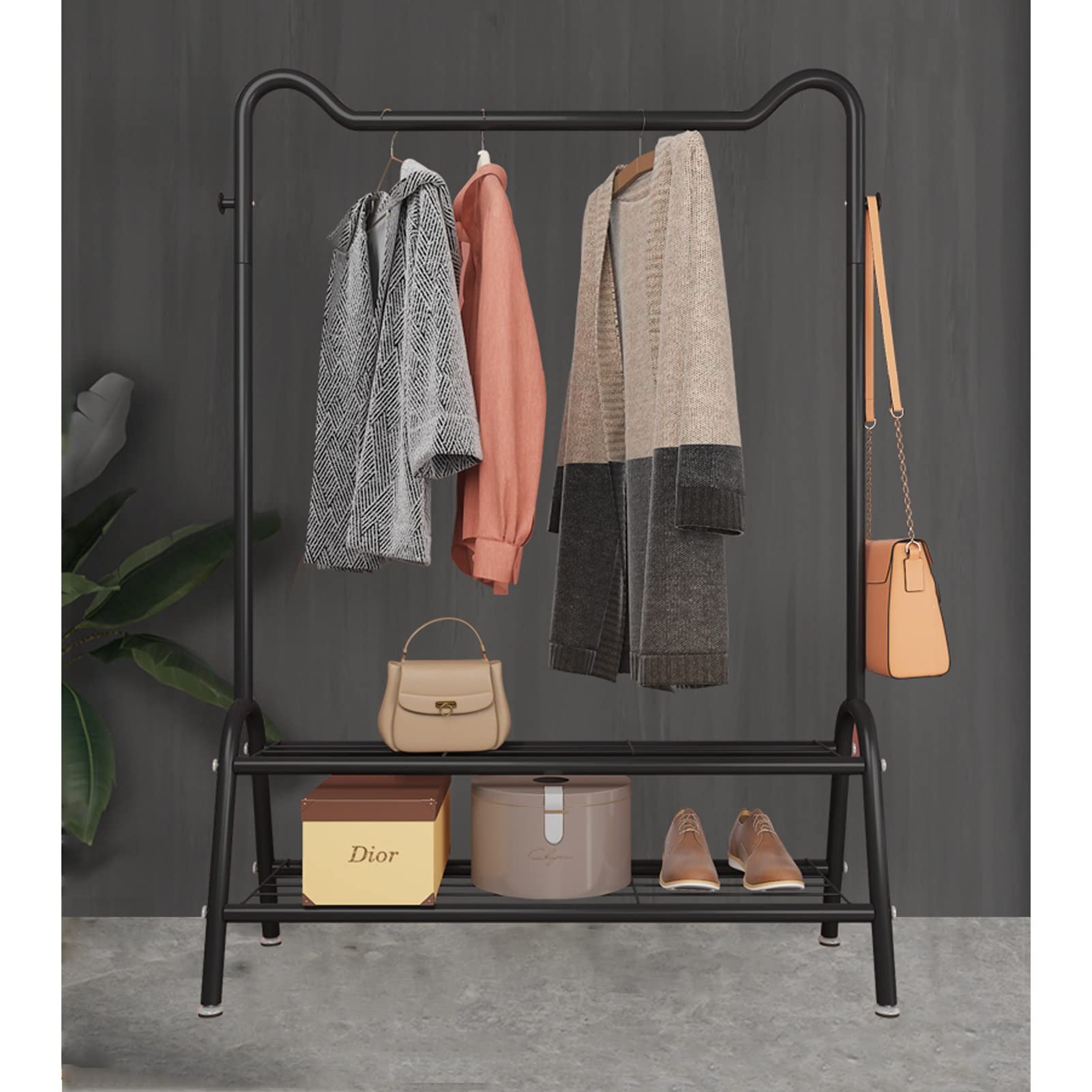 YNBSHGAA Freestanding Clothes Rail Garment Hanger Coat Drying Rack with 2 Tier Storage Shelf Gold 125cm,Black-105Cm