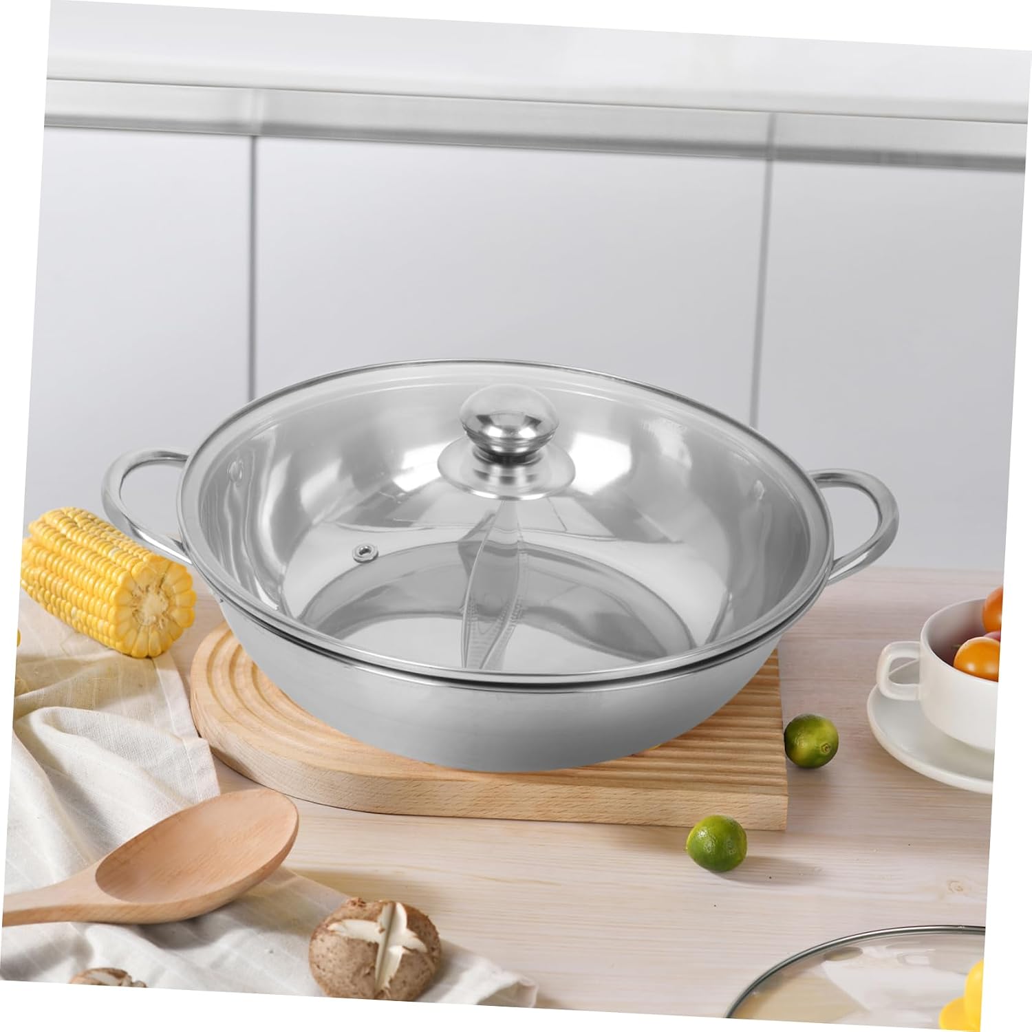 Stainless Steel Double Flavor Fondue Pot Dual Compartment Hot Pot Lid Style