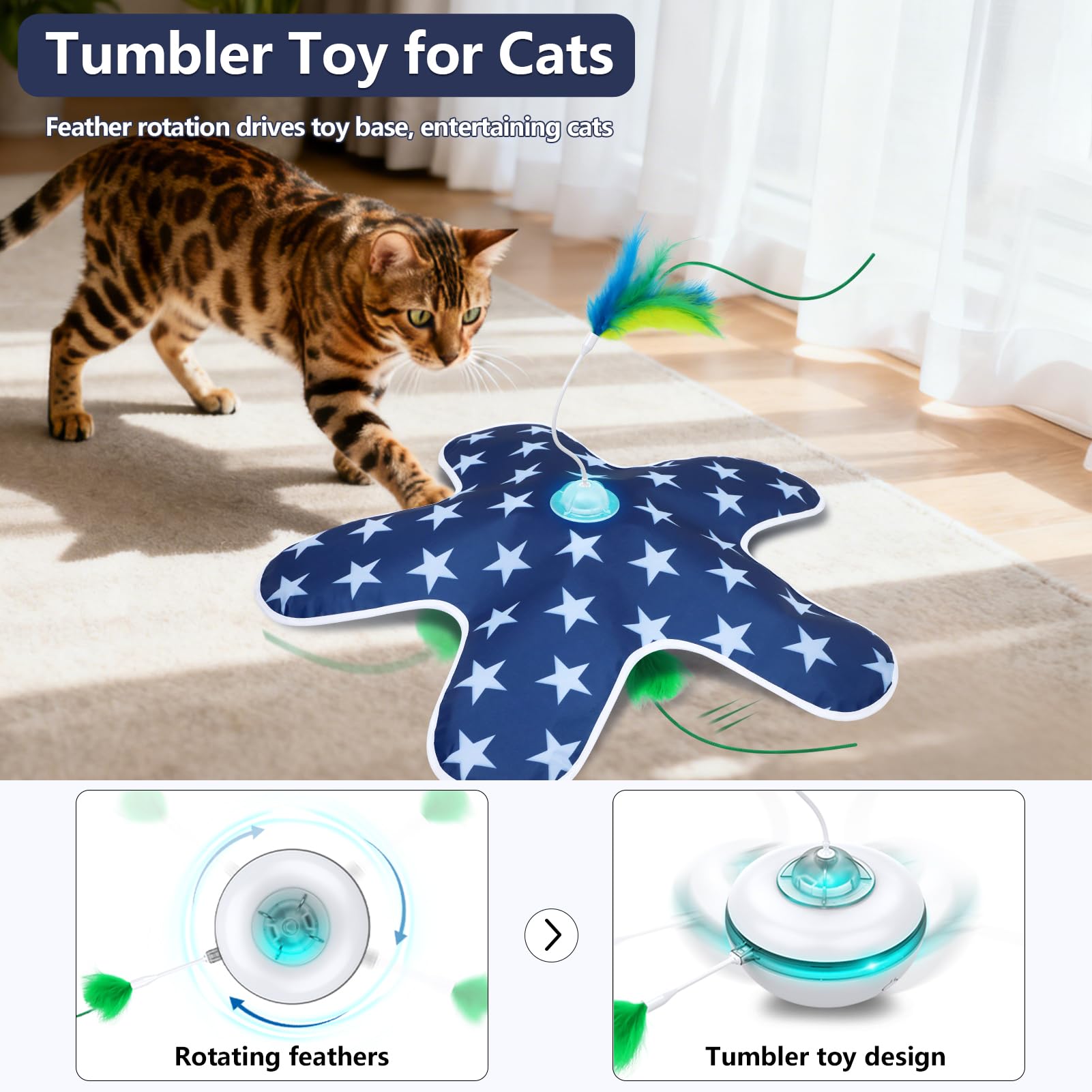 Sofolor Interaktives Katzenspielzeug Tumbler, bewegliche verdeckte Federn, berührungsaktiviert, wiederaufladbares Katzenspielzeug für Indoor-Katzen