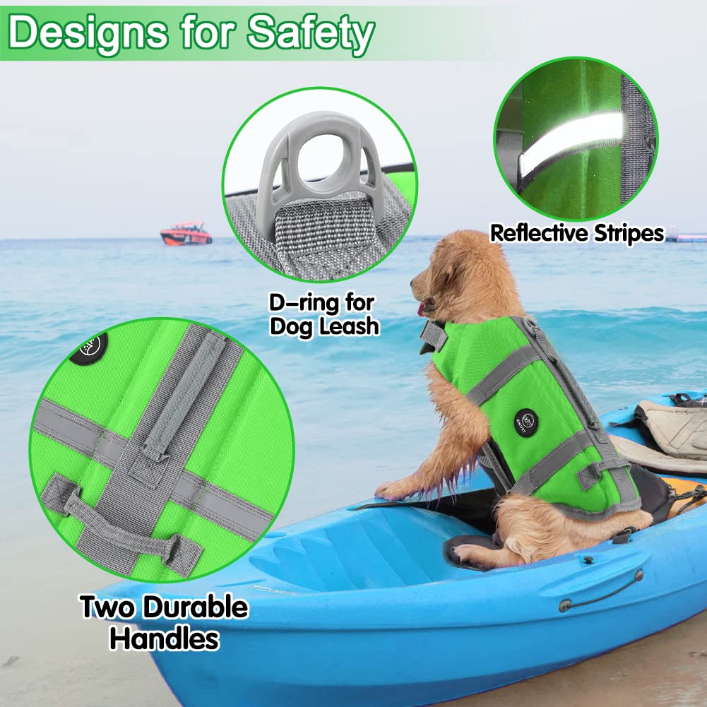 EMUST Giubbotti di salvataggio per cani, giubbotti di salvataggio per il nuoto, barca da spiaggia ad alta galleggiabilità, tutela per animali domestici per piscina spiaggia nautica, verde M