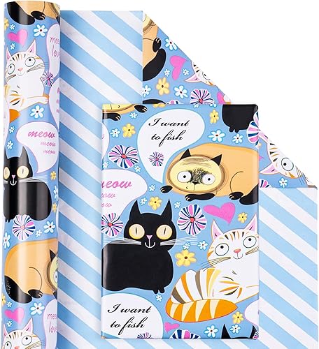 Vista 412 de WRAPAHOLIC Papel de regalo reversible, mini rollo, 17 pulgadas x 33 pies, adorable diseño de gato y azul sólido para cumpleaños, vacaciones