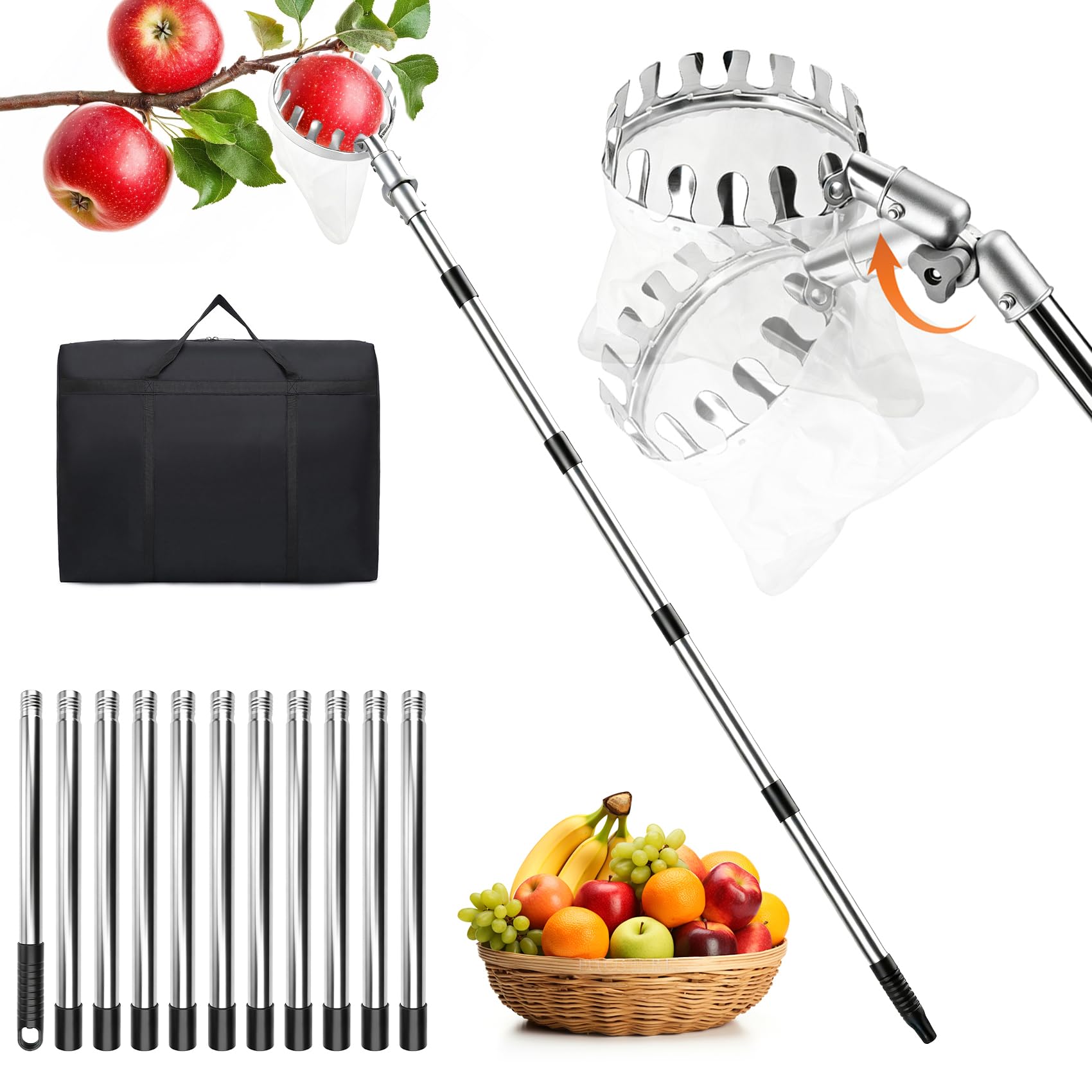 Tranbath 4.4M Fruit Picker, Apple Picker with Adjustable Head, Telescopic Handle and Storage Bag, Fruit Picker Tool for Picking Apple Orange Pear, Easy to Assemble, Ideal for Gardens and Fruit Trees