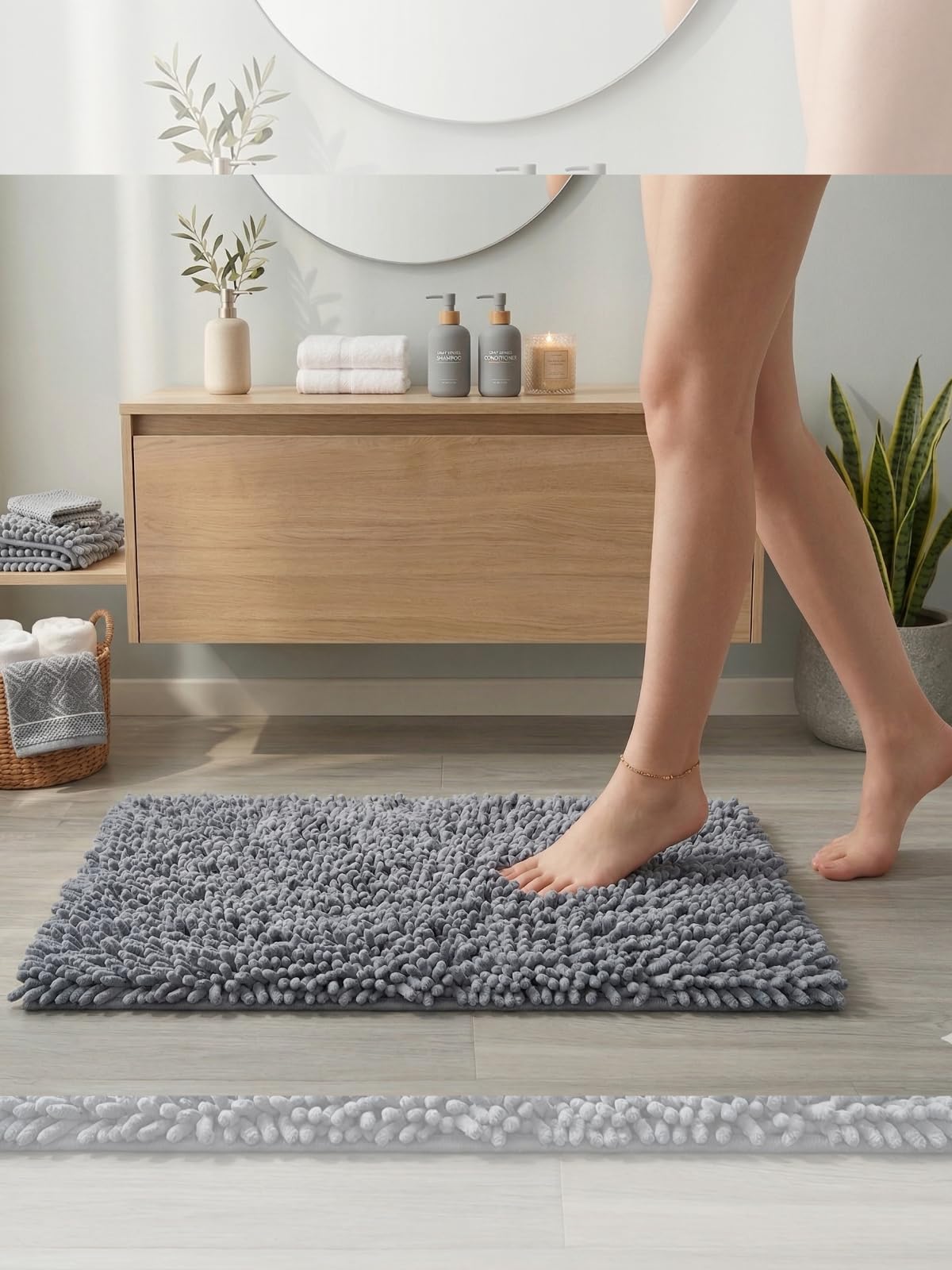 Şönil Banyo Paspası, Mikro Elyaf, Beyaz, 40x60 cm Banyo Halısı, Uzun Tüylü, Yüksek Emicilik, Makinede Yıkanabilir (Gri)