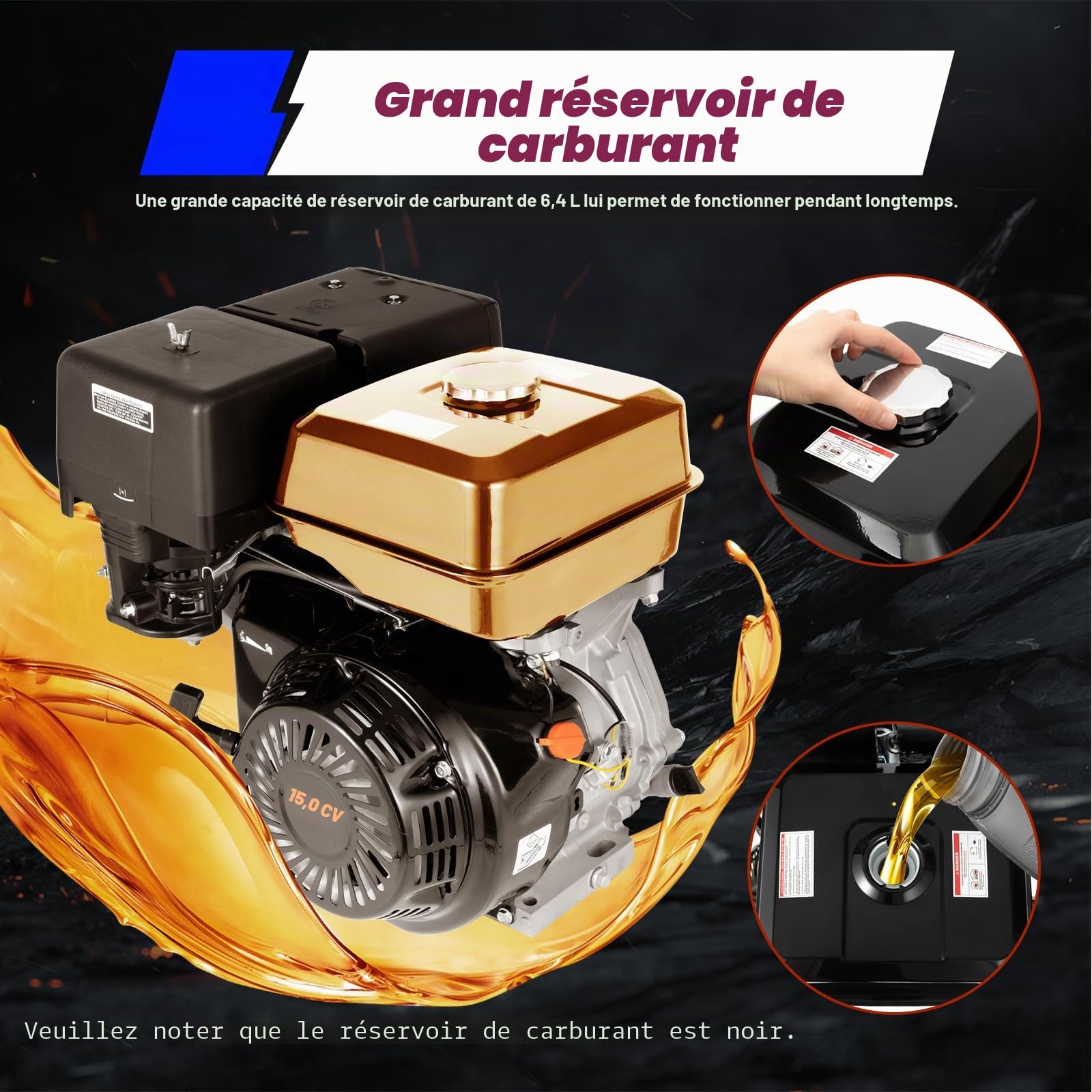 Moteur à essence 15 CV 4 temps monocylindre, Moteur fixe monocylindre pour Go-Karts, 9,7 kW 420 CC 3600 tr/min, Moteur d'entraînement portable avec fonction de protection contre le manque d'huile pour