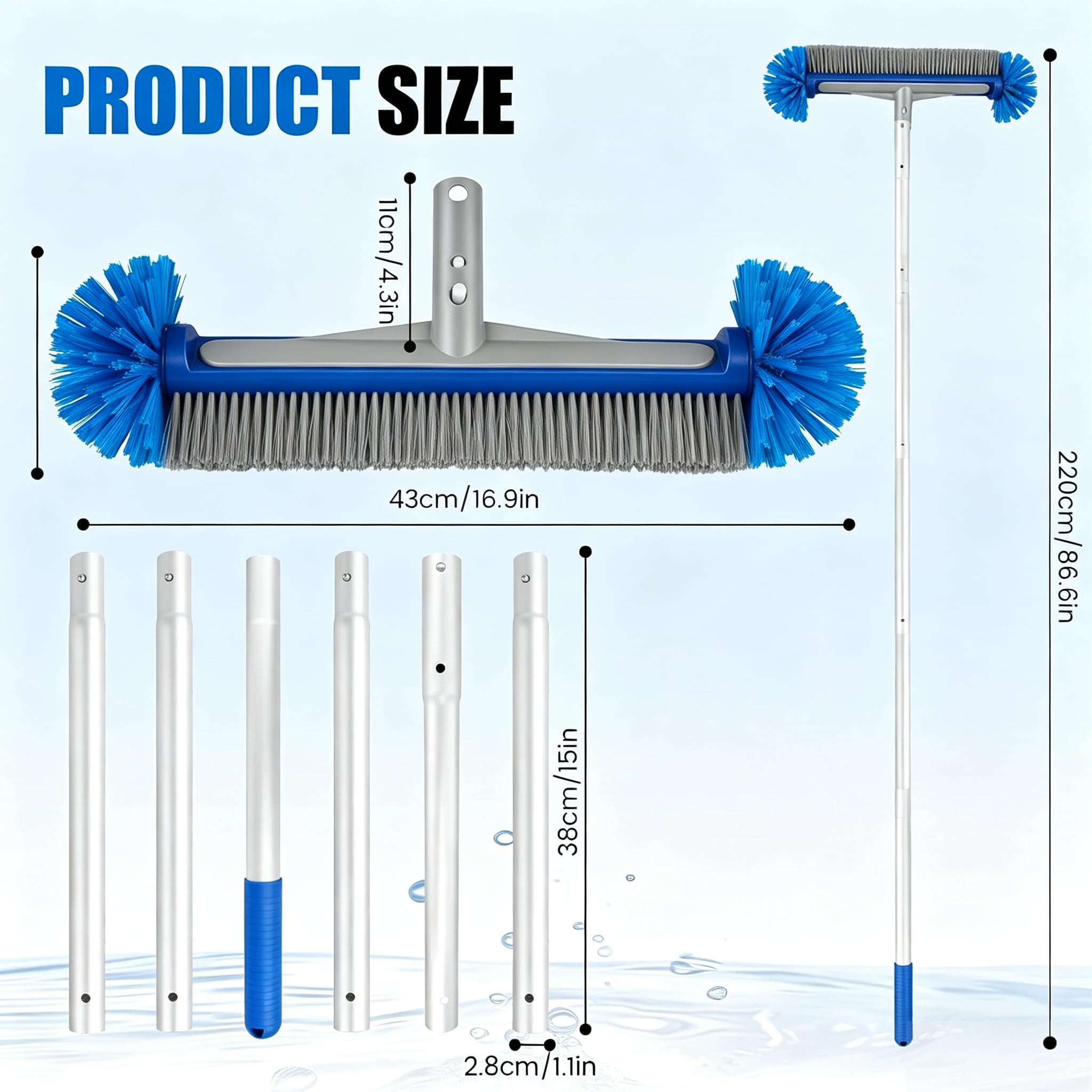 Spazzola per piscina con asta telescopica, set per la pulizia della piscina,scoparotondaconsetoleemisfericheperparetiefondodellapiscina, scaletta e gradini per piscina (asta telescopica staccabile)