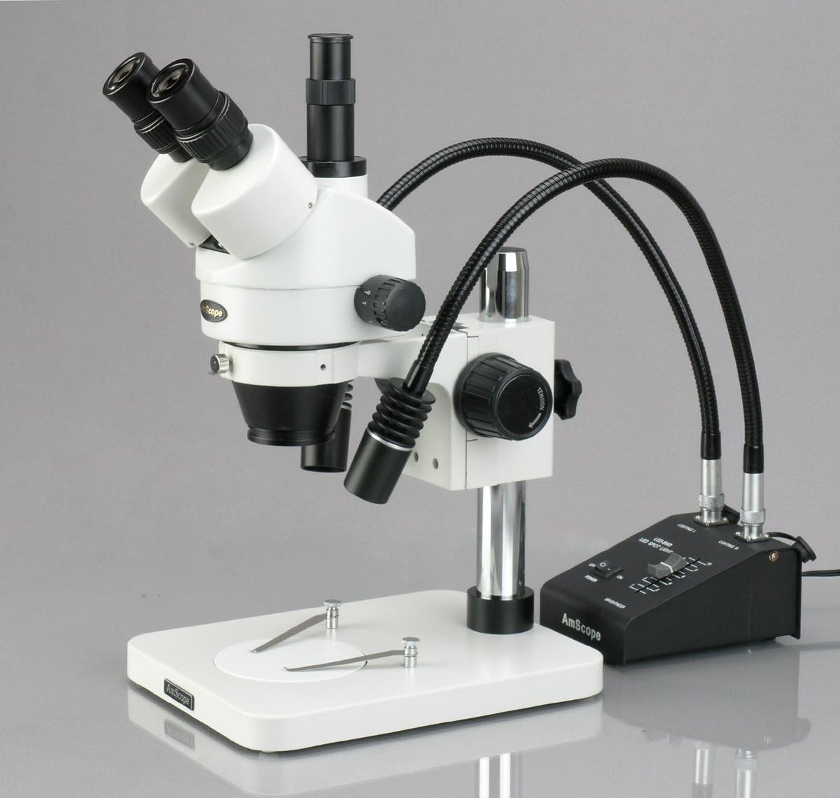 AmScope SM-1TS-L6W-5M Digital Professional Trinocular Stereo Zoom Microscope, WH10x Eyepieces, 7X-45X Magnification, 0.7X-4.5X Zoom Objective, 6W Dual-Gooseneck LED Light, Pillar Stand, 85V-265V, Includes 5MP Camera with Reduction Lens and Software