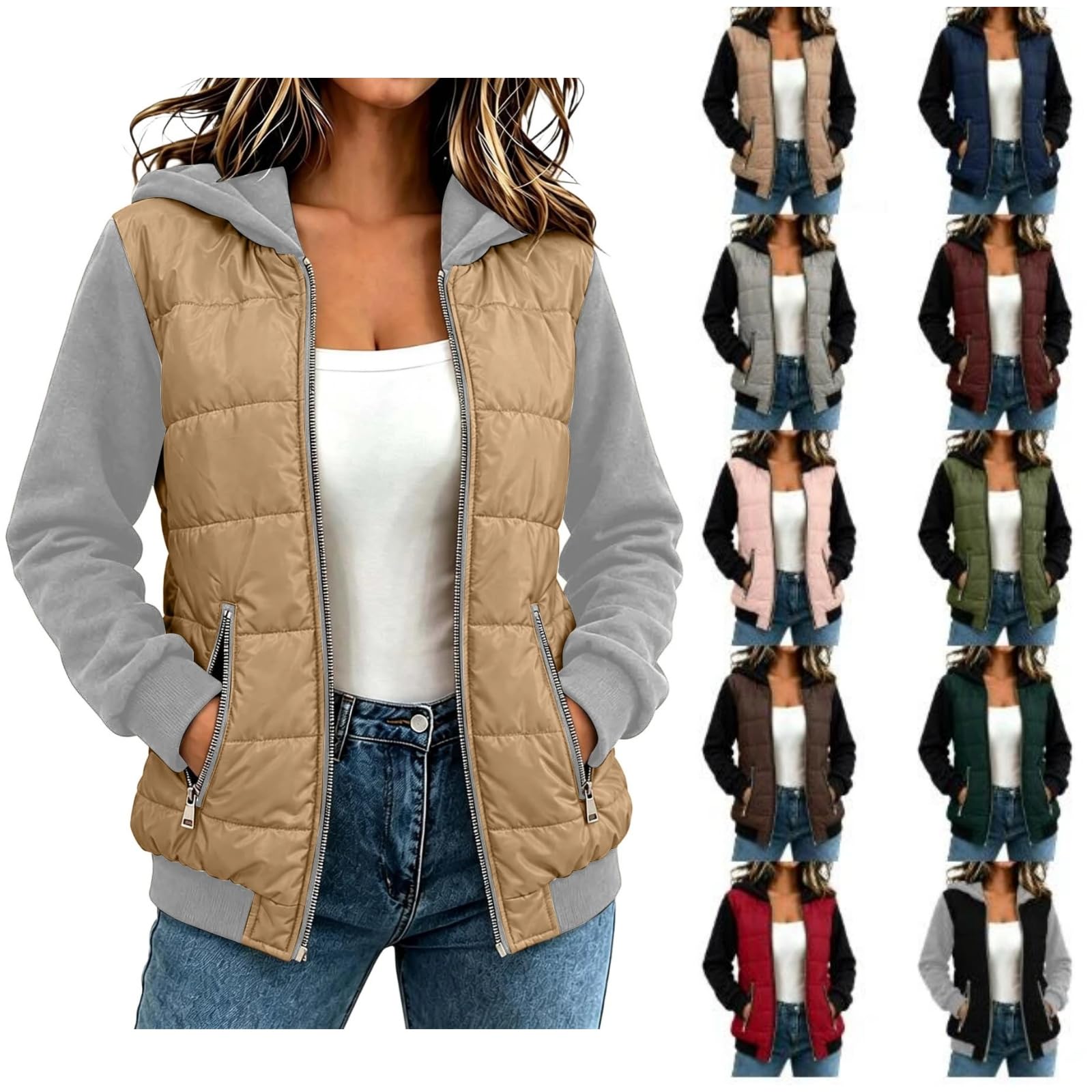 Down Jacket Women With Hood Long Sleeve Zip Up Patchwork Coat Casual Warm Quilted Outerwear Winter Hooded Jackets