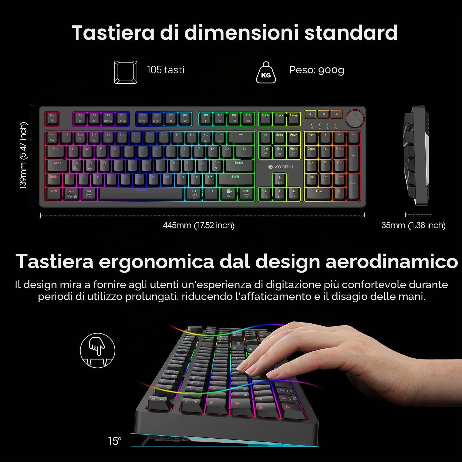 KOORUI Tastiere da gioco, 26 RGB Retroilluminato Tastiera Meccanica Cablato 104 Tasti Full Size UK Layout con Interruttore Marrone Gamer Tastiere per Windows MacOS Linux