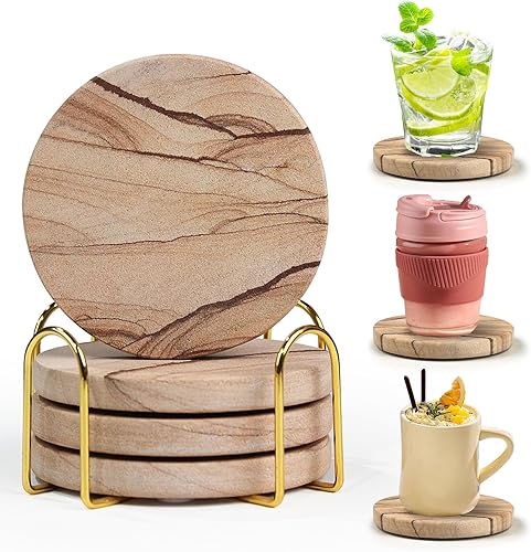 Juego de 4 posavasos de piedra arenisca natural con soporte, posavasos de bebida de 4 pulgadas de diámetro para mesa de café, absorbentes de agua y