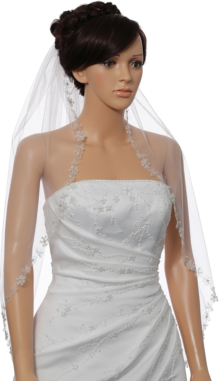SAMKY 1T 1 Tier Floral Vine Pearl Beaded Bridal Wedding Veil Fingertip Length 36" - Image 2