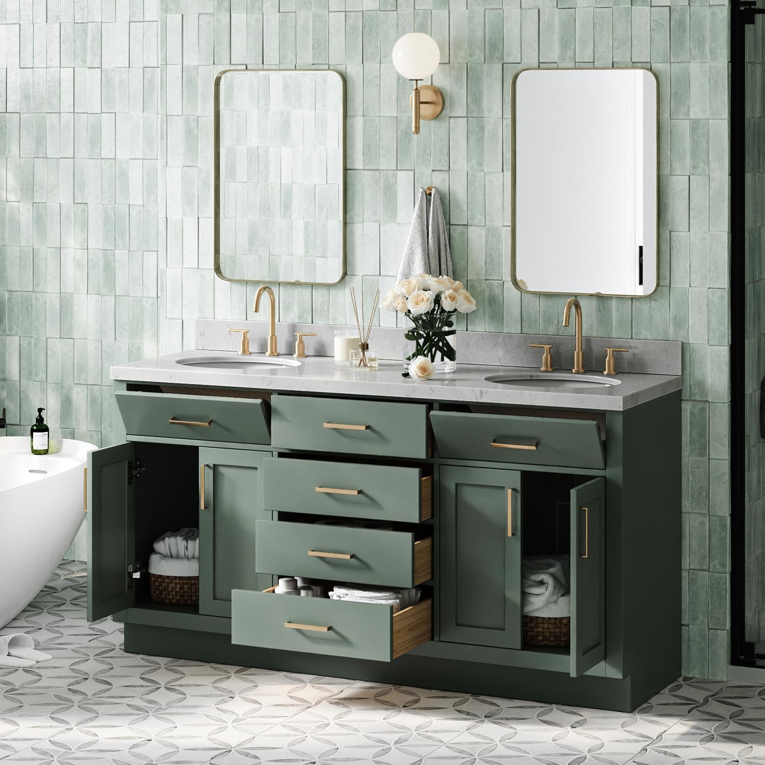 ARIEL Hepburn 66 Inch Double Oval Sink Bathroom Vanity with Carrara White Quartz Countertop 1.5 Inch in Vintage Green
