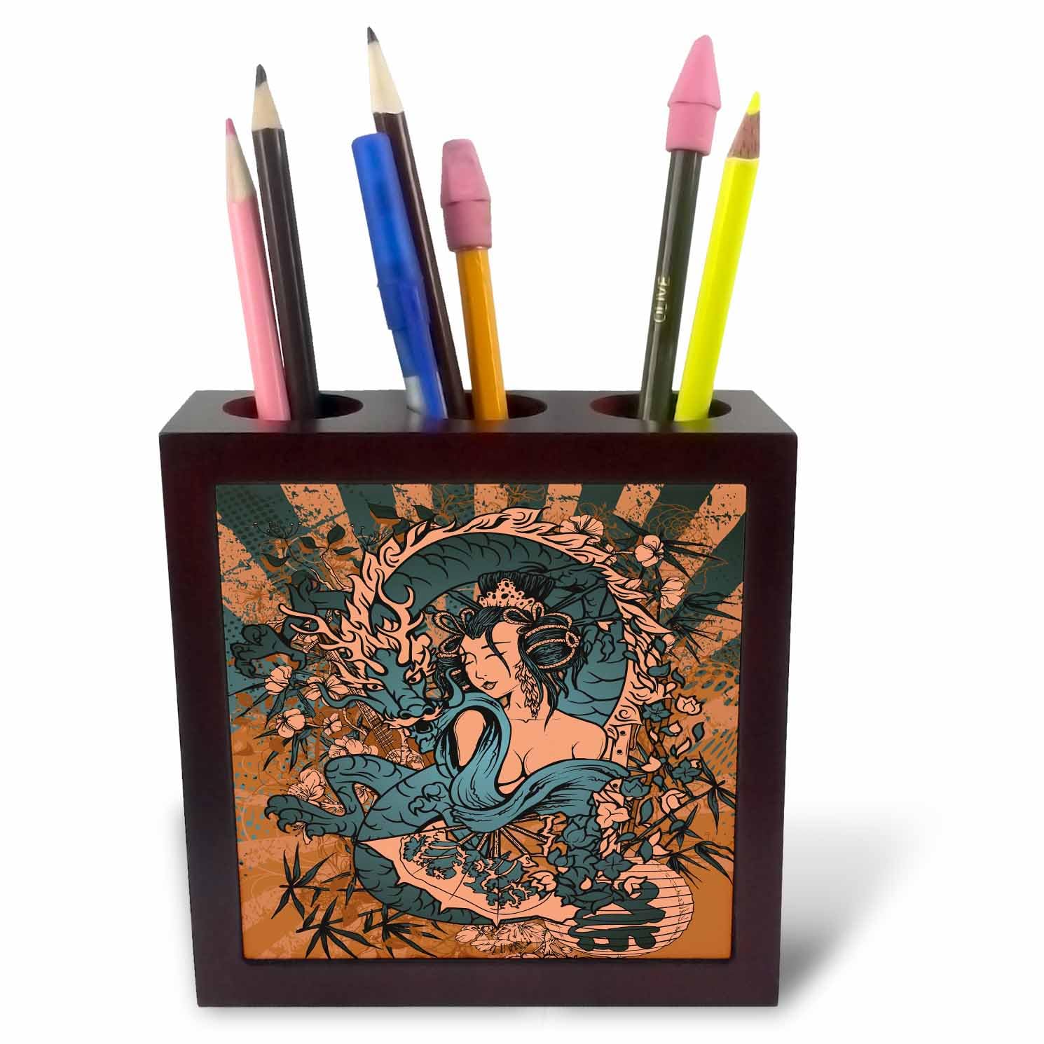 3dRose Beautfiul Grunge Style Japanese Geisha Girl Woman And Dragon Oriental Asian Design 5 inch tile pen holder