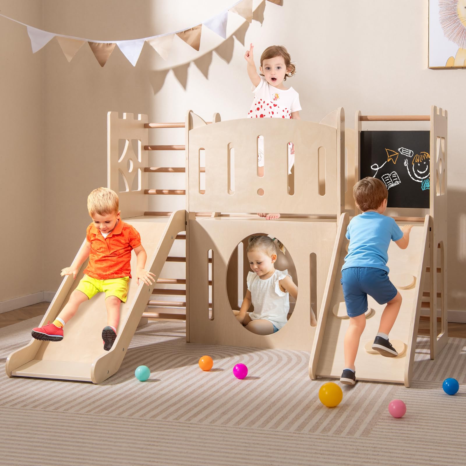 Parque De Juegos De Madera 8 En 1 Con Tobogán – Castillo Infantil Con Escaleras, Pizarra, Túnel Y Almacenamiento – Para Niños De 3+ – 142 X 124.5 X 100 Cm – Capacidad 150 Kg