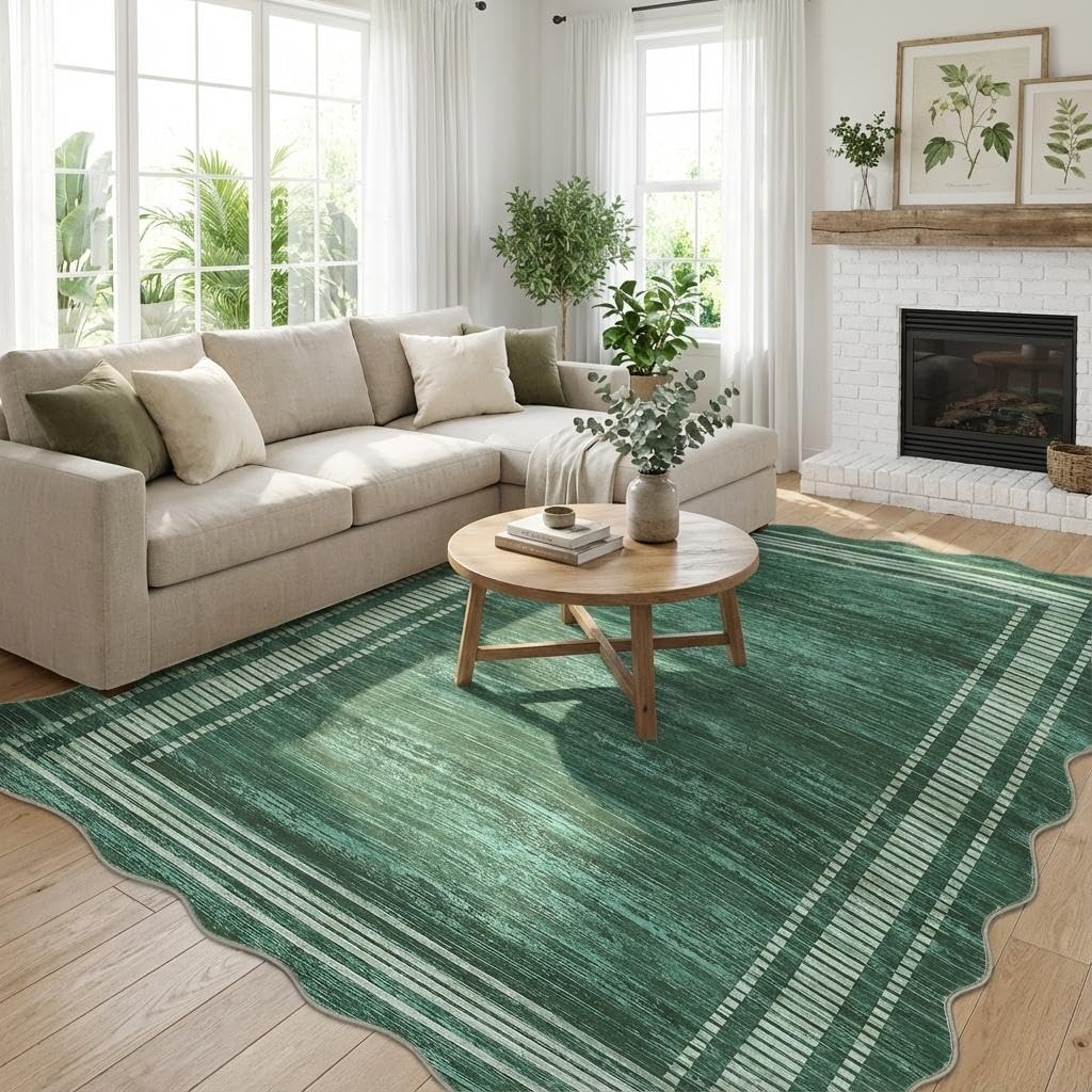 GarveeHome Washable Solid Area Rugs 8x10 Green Scalloped Rugs for Living Room, Non-Slip Bordered Rug for Bedroom, Stain Resistant Scalloped Rug for