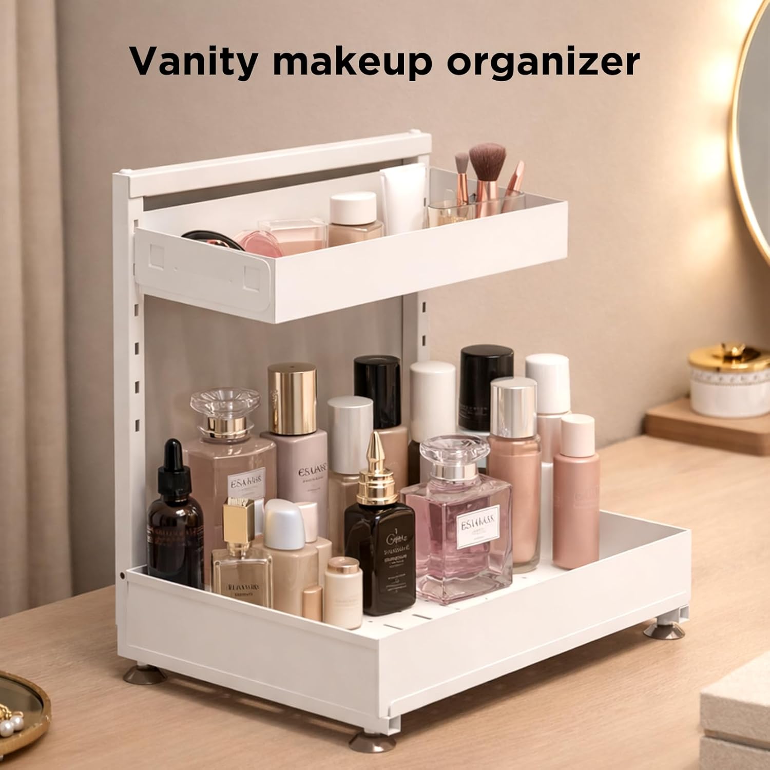 Under Sink Organizer Bathroom Kitchen: 2 Pack 2 Tier Metal Under Cabinet Storage with Height-adjustable Shelf and Pull out Rack for Pantry Vanity Cupboard Counter Countertop