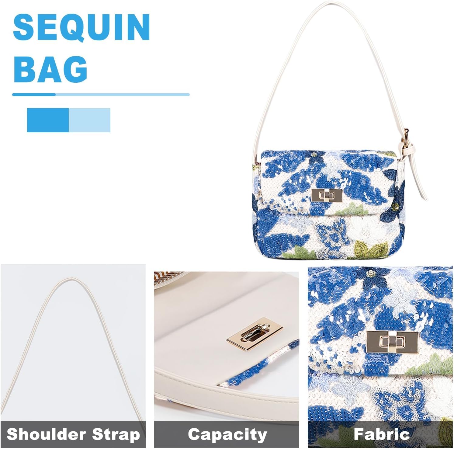 Bohemian Sequin Embroidery Beach Handbag - Straw Shoulder Bag for Vacation Travel (Blue Flowers) - Image 5