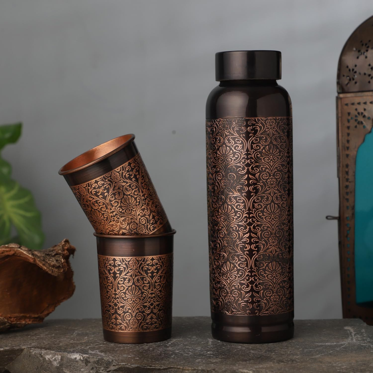 ANCIENT IMPEX Pure Copper Milton Water Bottle with 2 Tumblers – Floral Design | Ayurveda Benefits & Daily Hydration