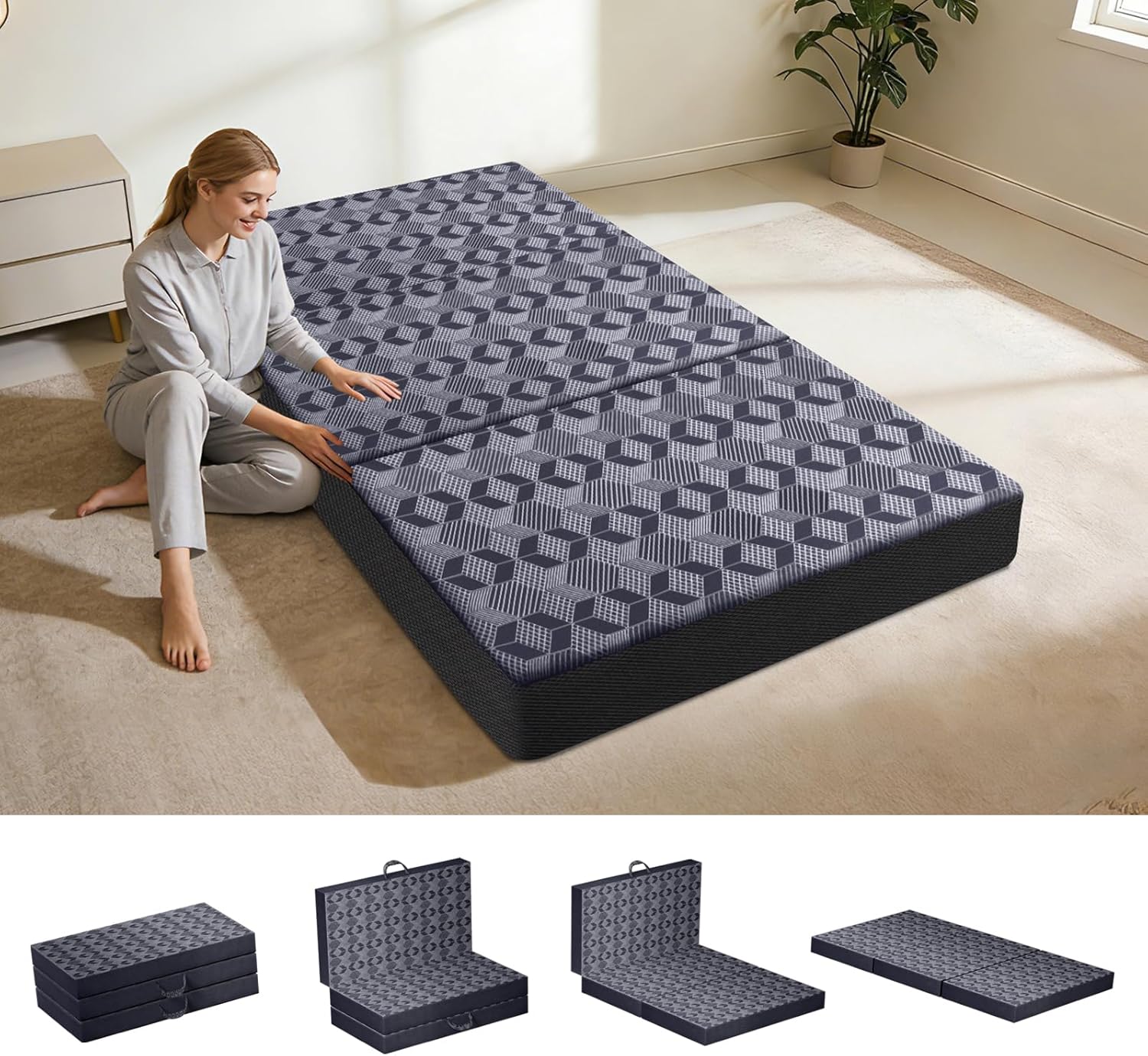 Tri-Fold Mattress Twin Size, 6 Inch Memory Foam Mattress Topper with Washable Cover - Portable Folding Mattress for Guest Bed, Camping, Travel & Floor Sleeper,Dark Grey