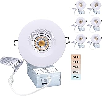 Premium Canless Recessed Gimbal Downlight Rotatable-Spotlight 5 CCT 4 Inch Eyeball Ceilling Potlight, Dimmable Lights Fixture with Junction Box, 8W, White Round Trim, with Baffle, 6P