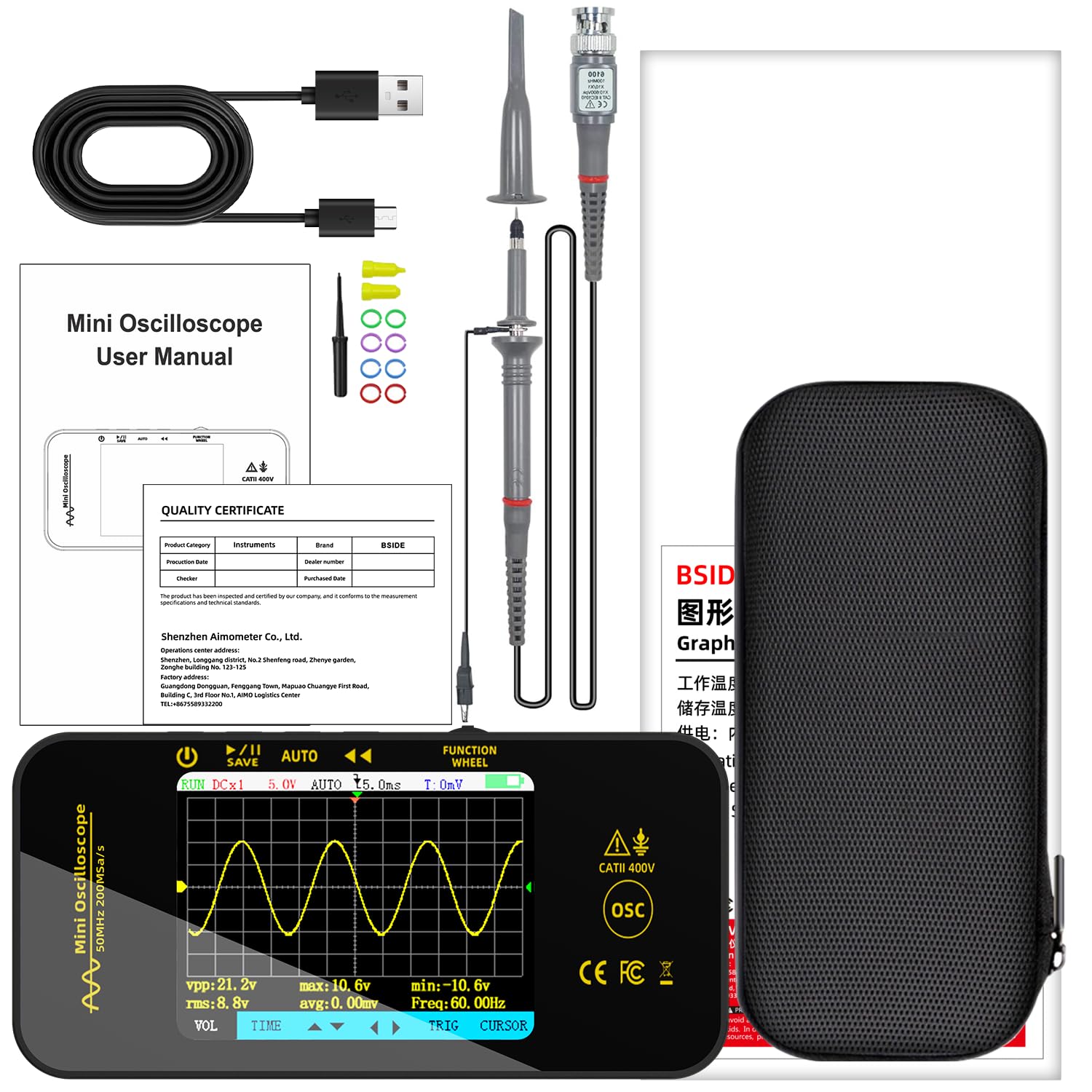 BSIDE OT5 Handheld Digital Oszilloskop Klein Mini 50MHz Bandbreite 200MSa/s Abtastung Tragbares Oszilloskop Wiederaufladbar Ultraflach mit 3.2 Zoll Full View Farb-LCD für KFZ Audio Elektronik