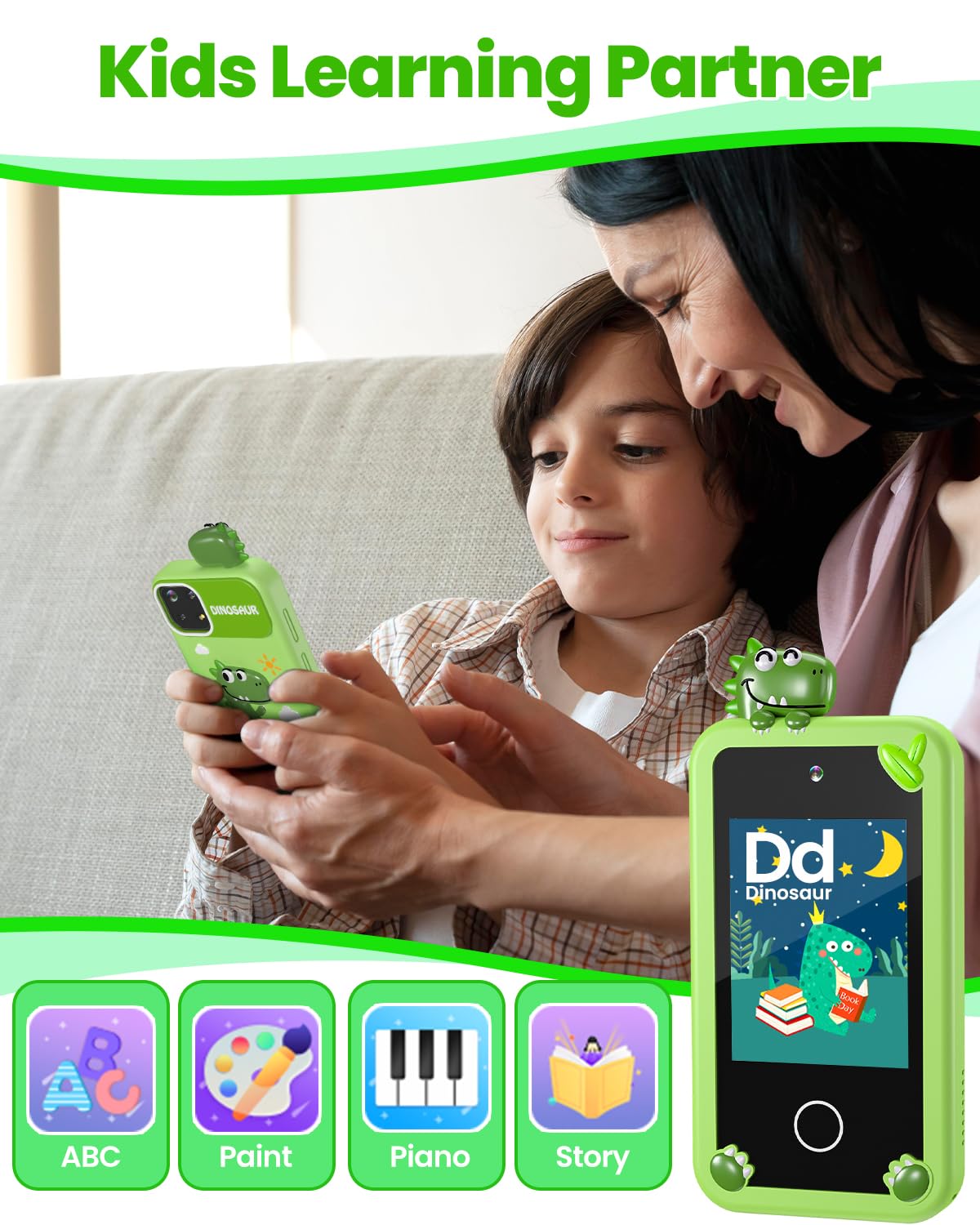 Kids Smart Phone for Boys with 32G Card & Holographic Pyramid, Christmas Birthday Gifts for Age 3-10 Kids Toy Cell Phone, 2.8" Touchscreen Toddler Learning Toy, Dual Lens, Music Player(Green Dinosaur) 3