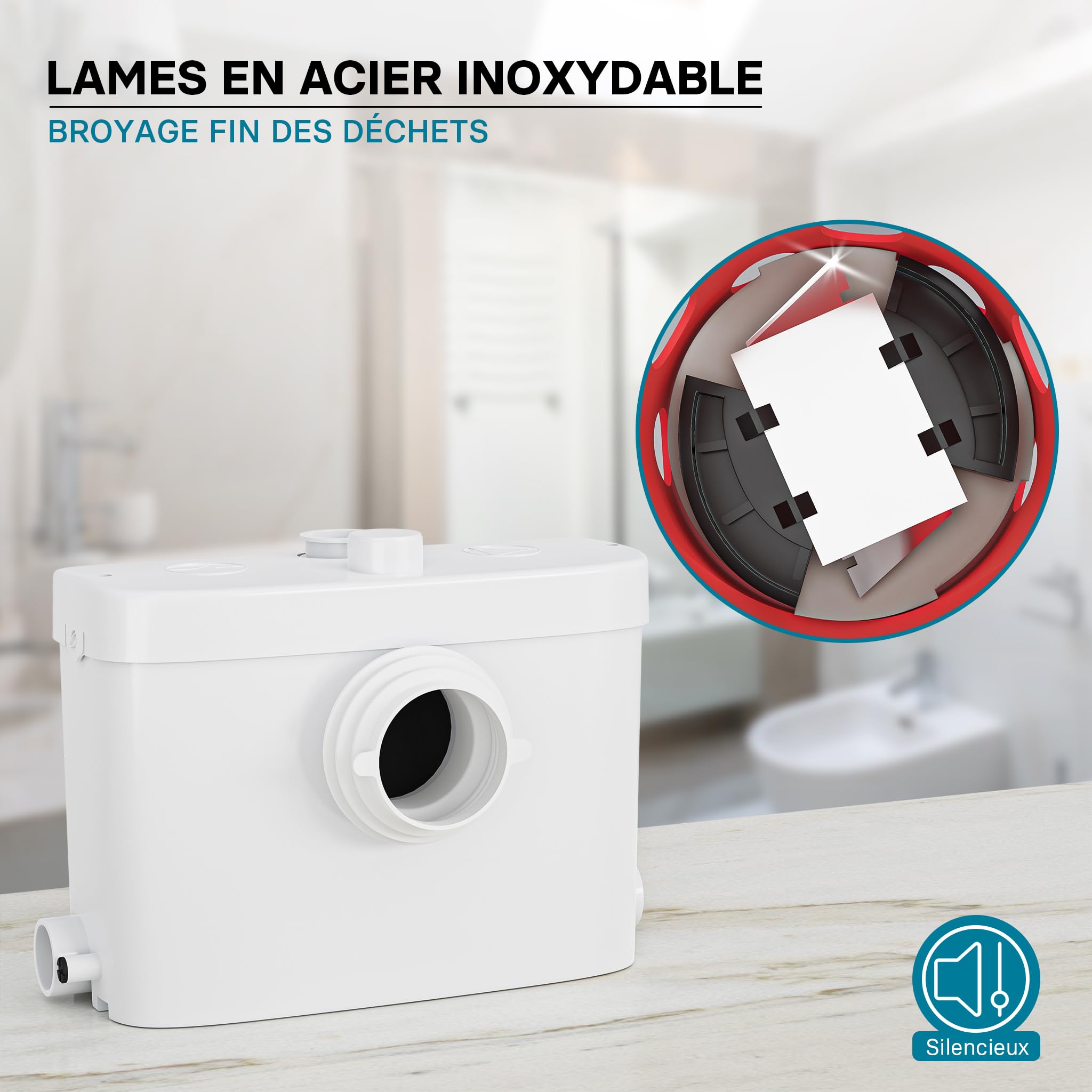 XPOtool Pompe de relevage 3/1 avec Raccord frontal – 450 W – 475 x 154 x 306 mm – 6900 l/h – Refoulement 7,5 m/75 m – Pour Eaux usées chargées WC – Station de Pompage Assainissement