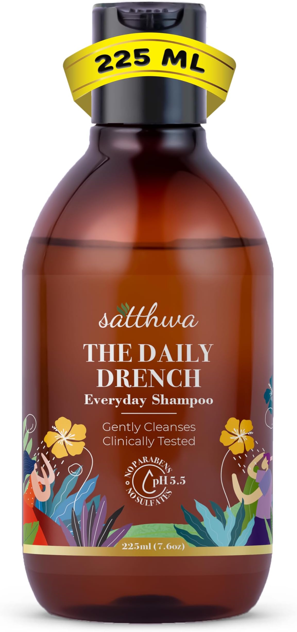 Satthwa Daily Drench - Everyday Mild Shampoo | Clinically Tested | Powered By Niacinamide | pH 5.5 | SLS & Paraben Free | All Hair Types | For Men & Women - 225ml
