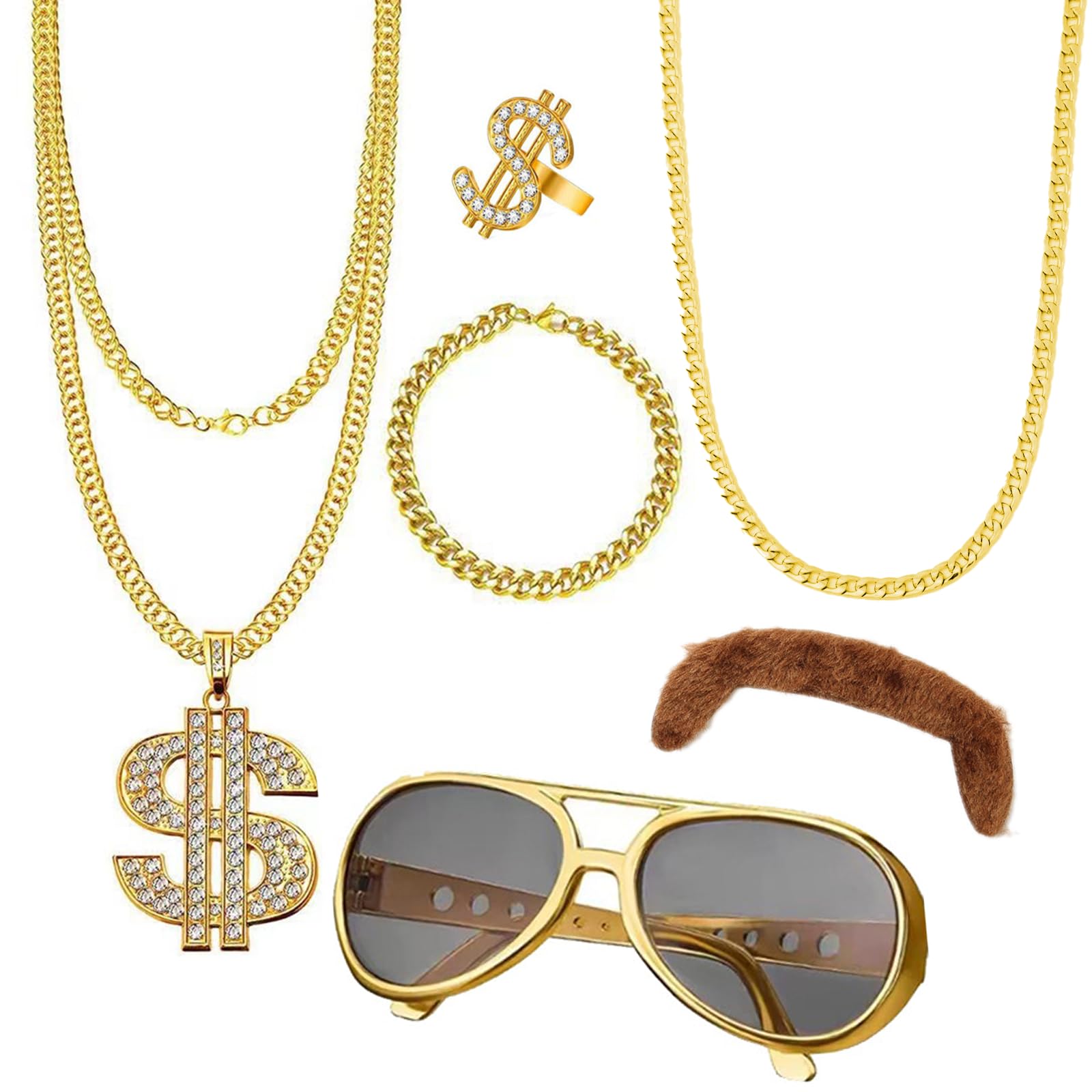 WanderGo 80s 90s Hip Hop Costume, 6Pcs Unisex Adult Rapper Accessories with Chinese Character Ring