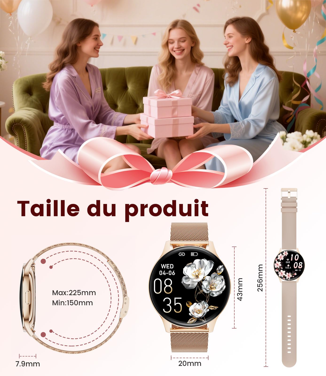 BENYAR SMART Montre Connectée Femme 1.43" HD, pour iOS/Android, Or Rose | Suivi du Cycle Menstruel, Santé 24h, Appels Bluetooth, 100+ Sports, IP68 imperméable, 300mAh Autonomie 7 Jours, 2 Bracelet