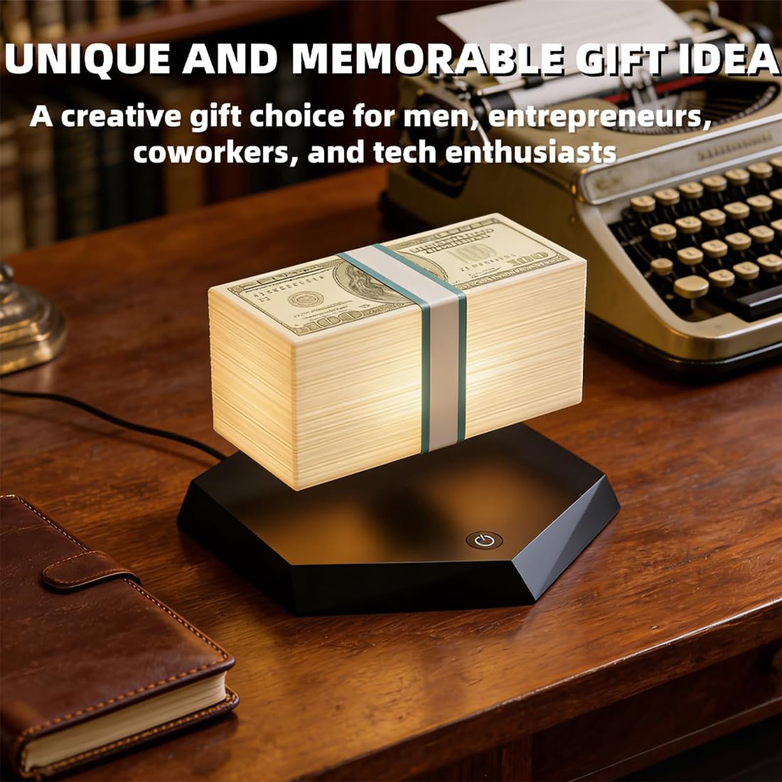 Lampada da soldi galleggiante, lampada da dollaro a levitazione magnetica con luce ambientale a LED a 3 colori, rotazione a 360°, gadget da scrivania per l'arredamento dell'ufficio della sala giochi