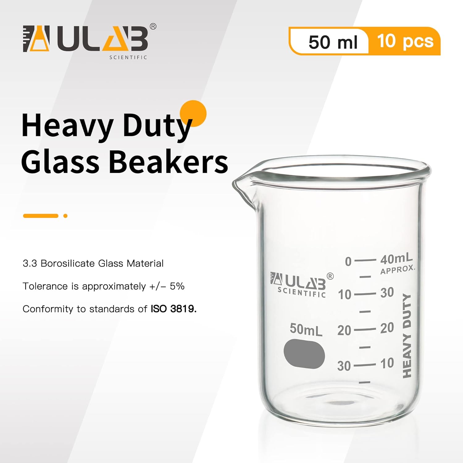 ULAB Heavy Duty Glass Beakers, 10pcs of Vol.50ml(1.7oz), Borosilicate 3.3 Glass, Thick Wall Beakers, with Double Scale, Superior Durability & Chemical Resistance, UBG1069