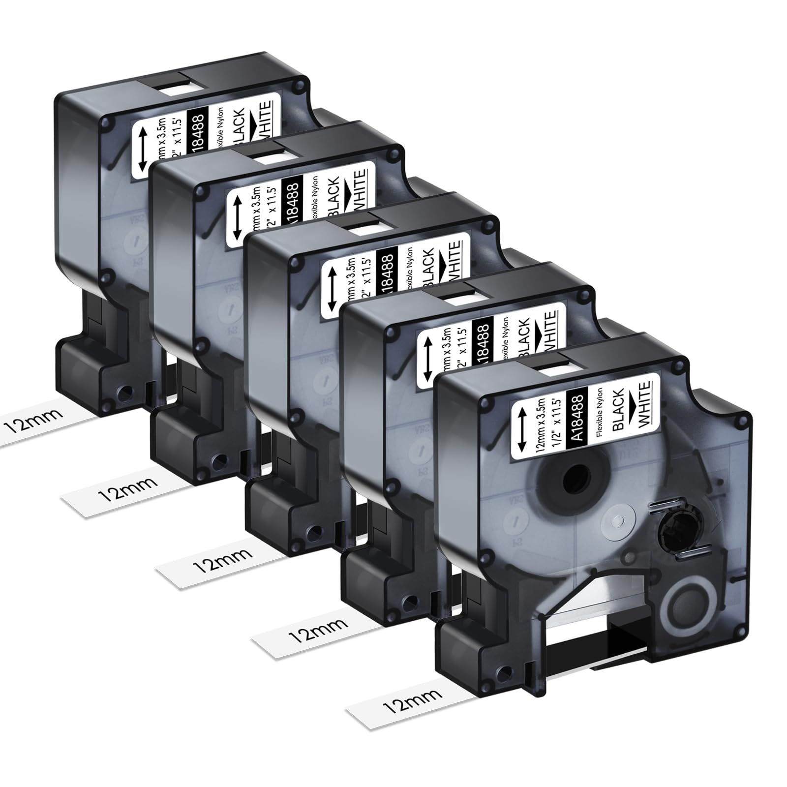 KCMYTONER Compatible for DYMO 18488 Flexible Nylon Label Tapes Black on White 1/2" x 11.5' (12mm x 3.5m) Work with Rhino Pro 1000 Rhino 3000 4200 5000