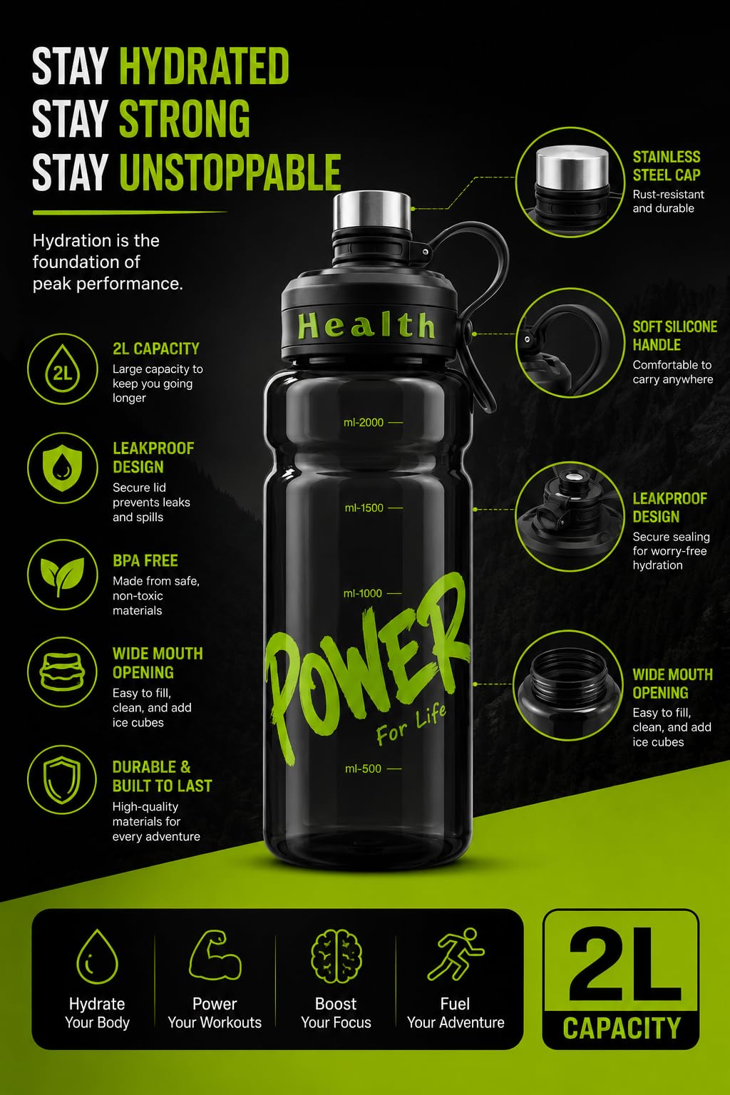 Delzon 2 Liter Large Capacity Leakproof Water Bottle, l Capacity BPA-Free Sports Water Bottle for Gym Yoga - (Black) 3