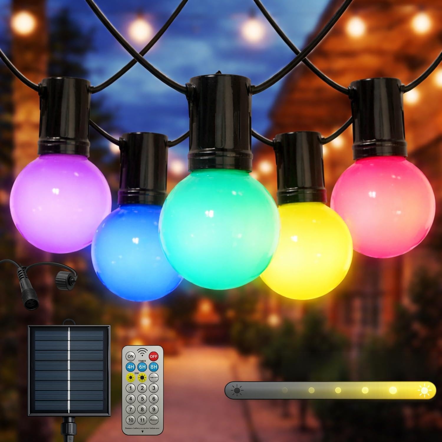 M mimotec - 6.5M LED Solar Lichterkette Außen RGB Dimmbar 10 Birnen IP54 Wasserdicht Dekoration für Garten Terrasse Fassade Terrasse