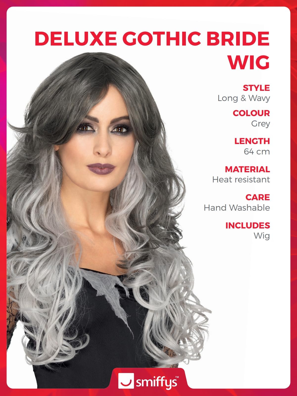 Smiffys Deluxe Gothic Bride Wig, Grey Heat Resistant/Styleable, Halloween Fancy Dress Accessory, Halloween Dress Up Wigs - Image 3